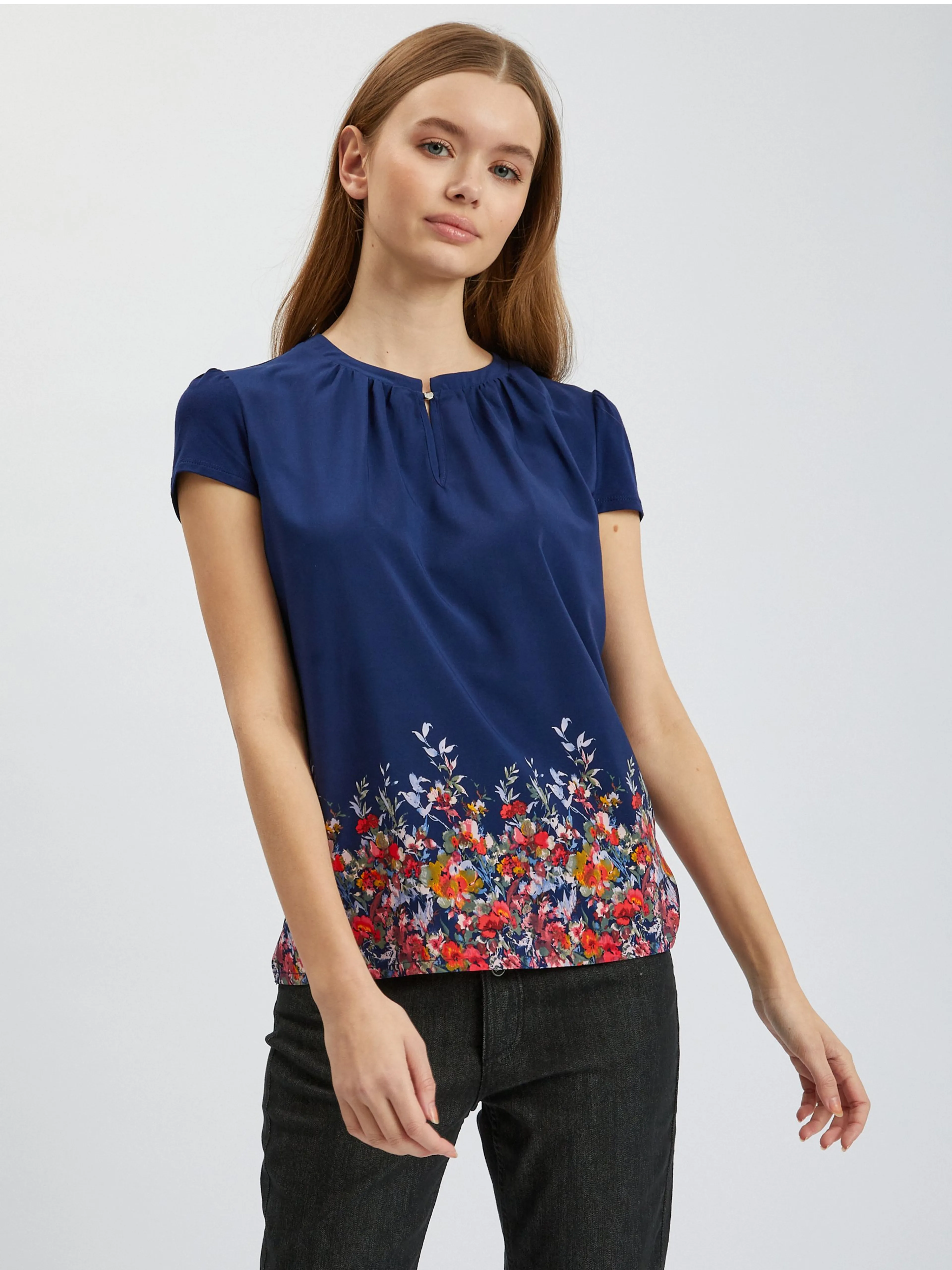 Dunkelblaue Damen-Blumenbluse ORSAY