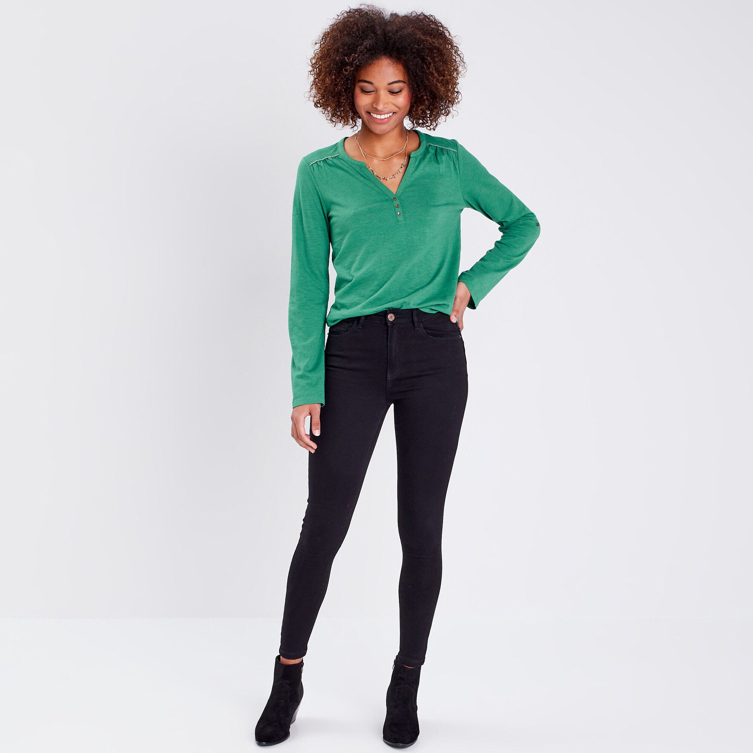 T-shirt manches longues vert femme | Cache Cache