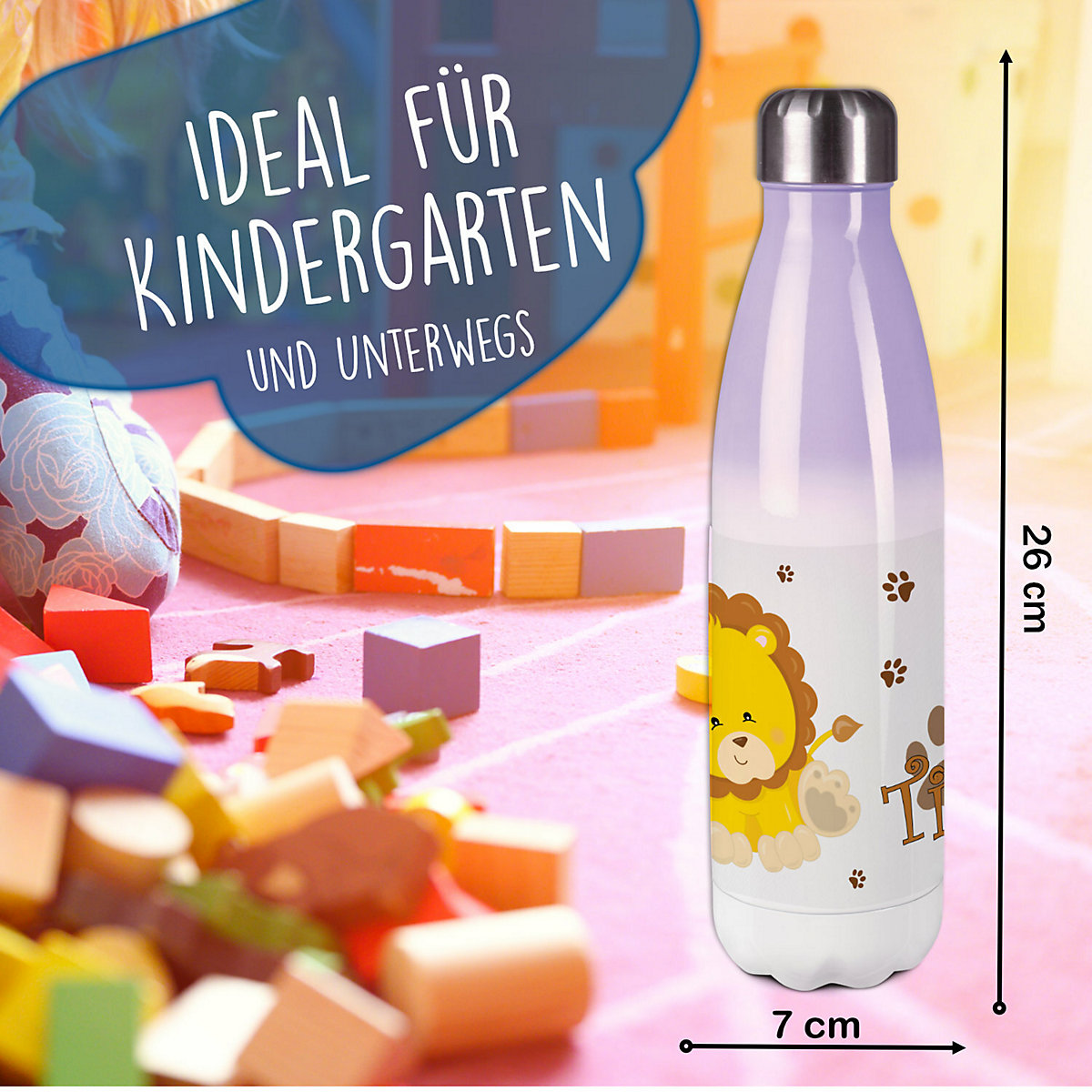 Edelstahl Kinder Thermoflasche / Trinkflasche bunt Löwe Spülmaschinenfest, Auslaufsicher, Bruchfest, Doppelwandig, Für Heißgetränke geeignet, Mit Deckel, Isoliert
