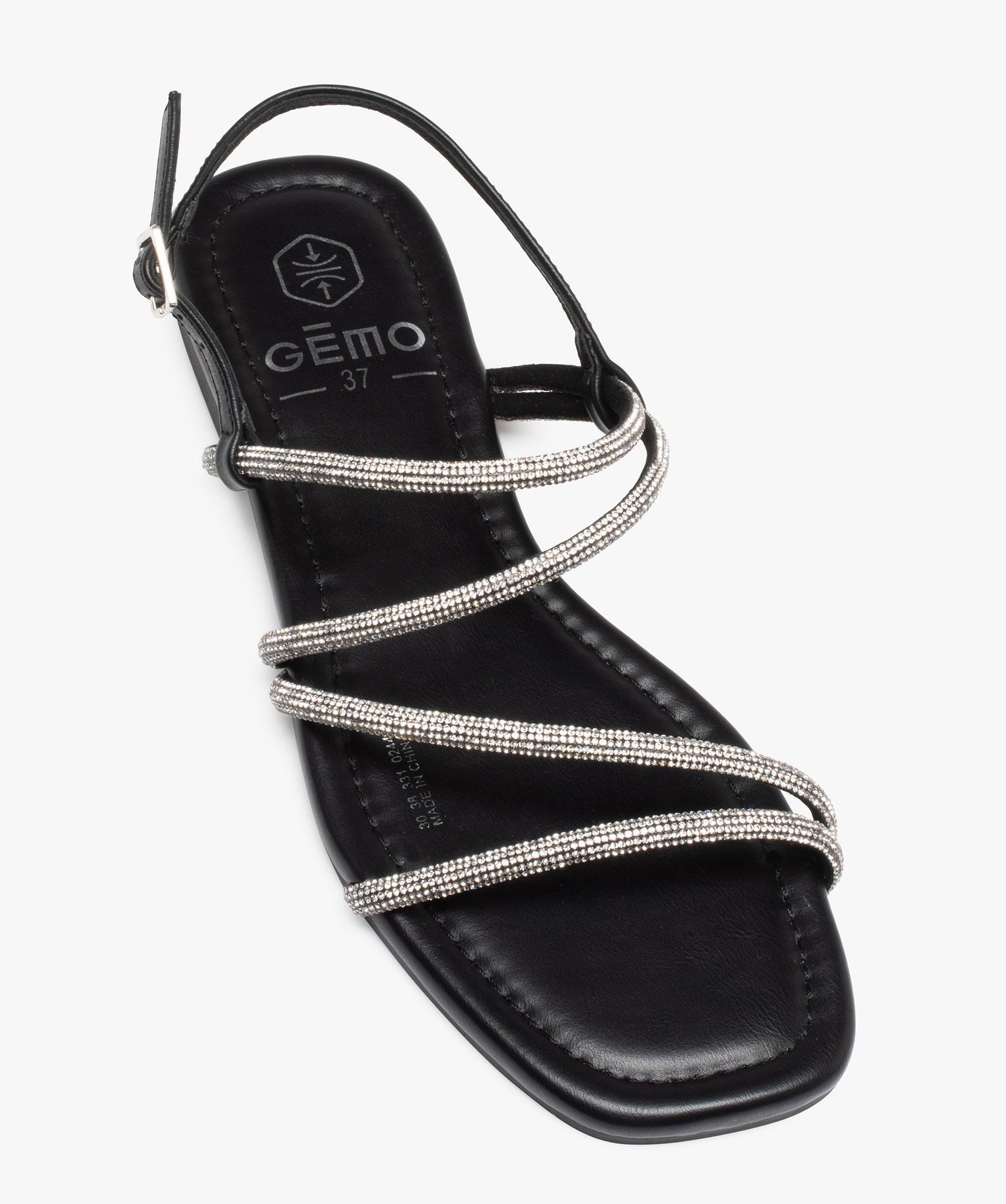 Sandales femme plates dessus fines brides strass noir | GEMO