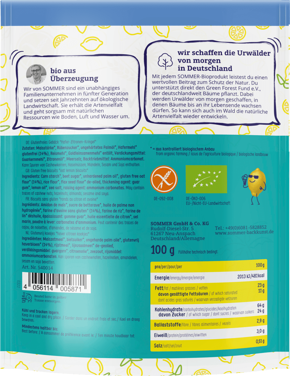 Kekse, Hafer-Zitronen- Kringel, glutenfrei, 100 g