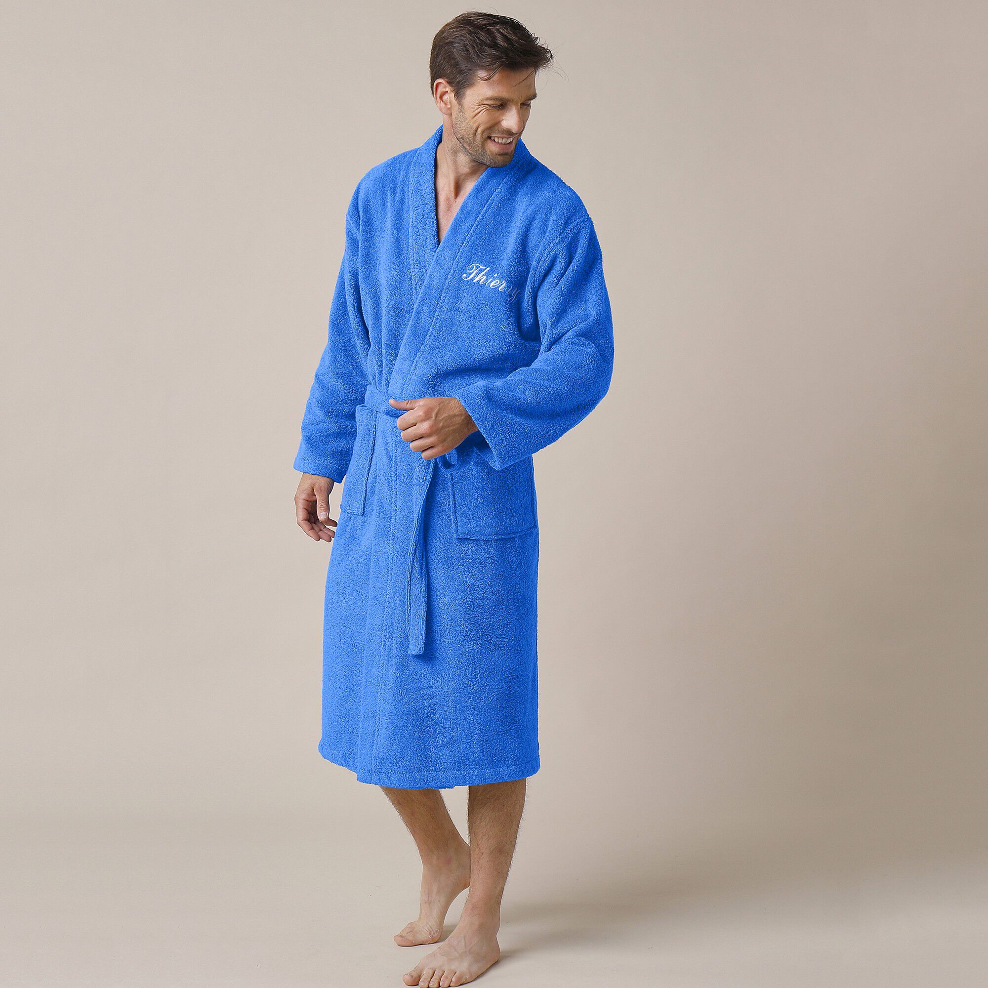 Peignoir mixte adulte uni coton éponge bouclette col kimono personnalisé