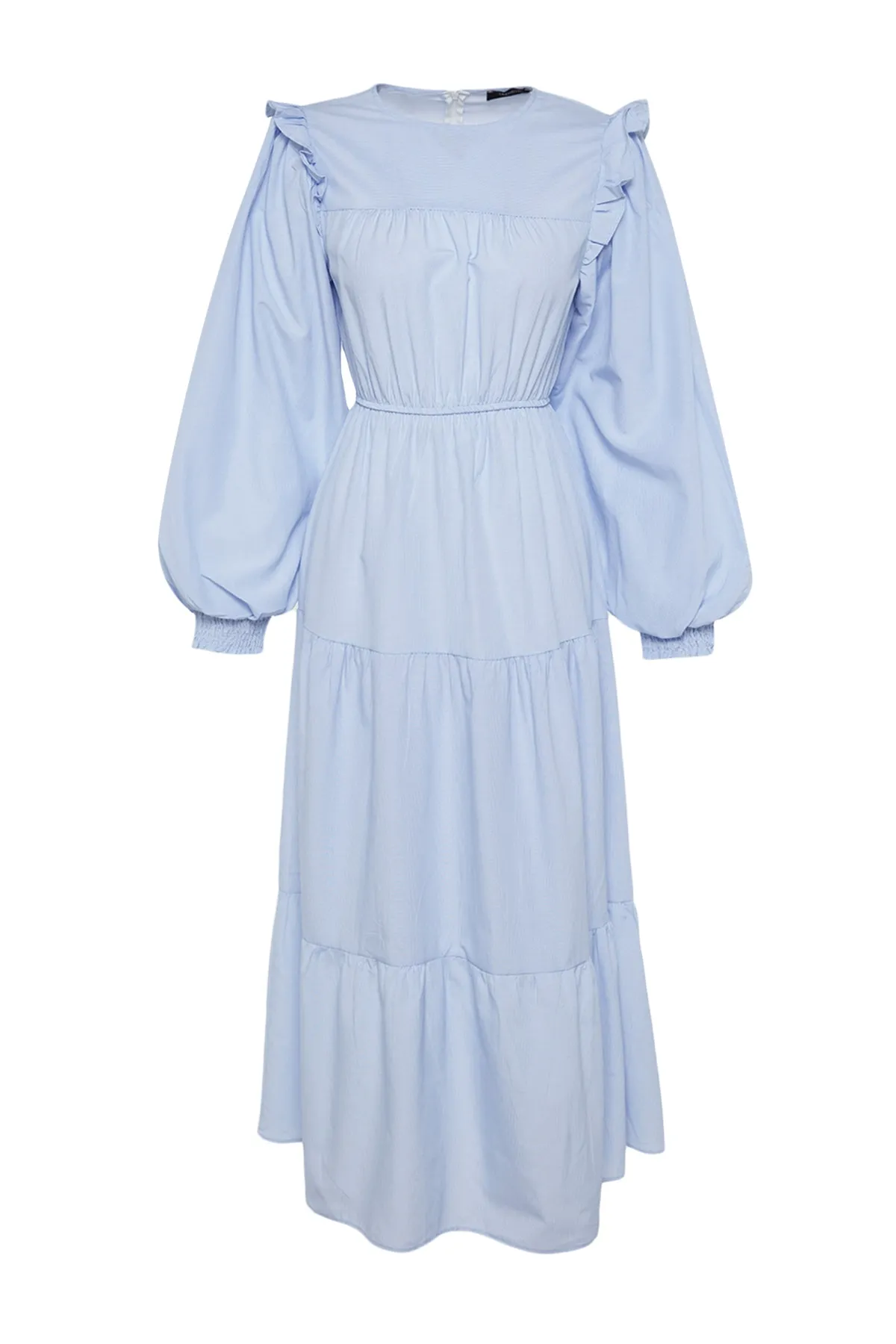 Trendyol Modest  Blaues, gestreiftes, gewebtes Kleid mit Rüschen an den Schultern und Manschetten TCTSS23EB00019