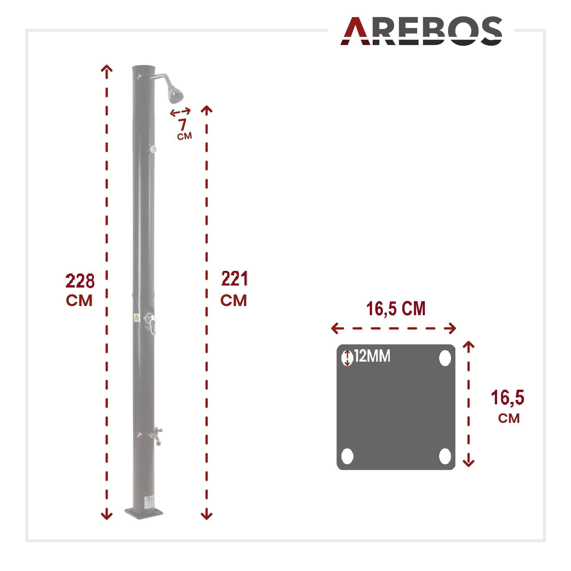 Arebos Solardusche 20 Liter, mit integriertem Thermometer & Fußdusche (Set), Inkl. Abdeckhaube