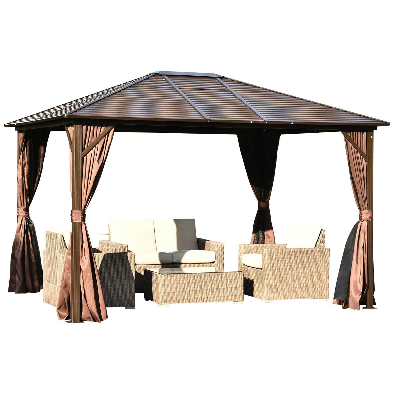 Outsunny Gartenpavillon Pavillon 300L x 365B x 262H cm Gartenzelt Festzelt Partyzelt mit 4 x Doppel-Seitenteilw wetterfest Aluminium Polyester Bronze