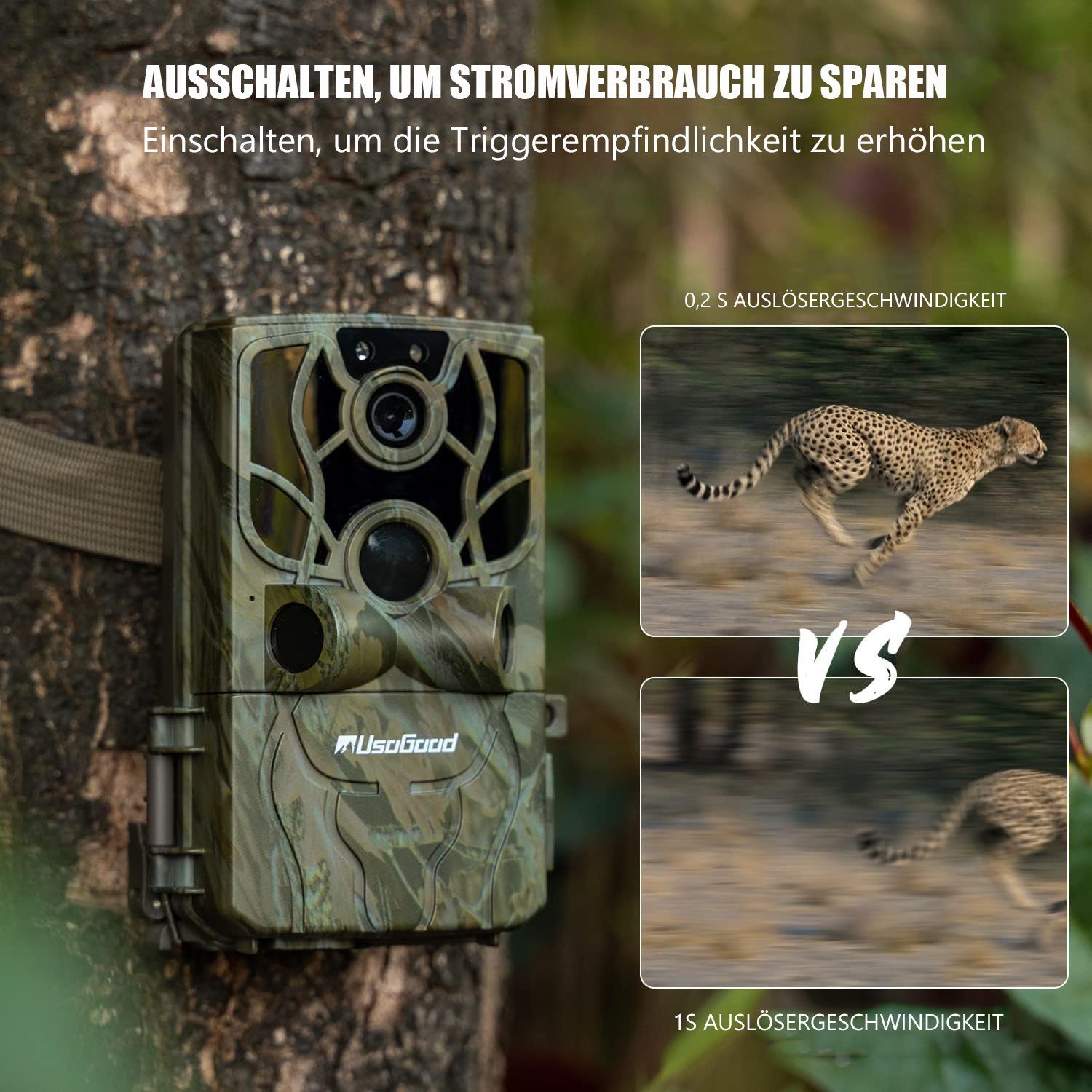 Usogood TC80 WLAN Wildkamera 4K 48MP 30fps Wildkamera mit Bewegungsmelder Wildkamera (Außenbereich, Wild, Bluetooth mit Nachtsicht, bewegungsaktivier,60°/120° Bewegungssensor, 0.3s Auslöserbewegung aktiviert 20 Meter 120°Weitwinkel, 36 Stück 850-nm-I