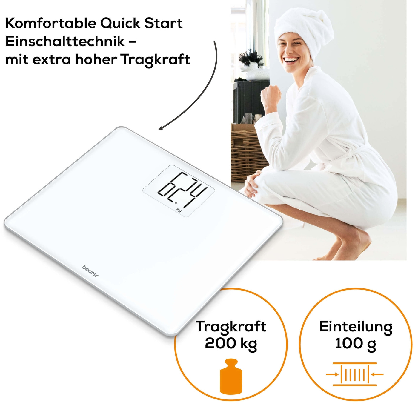 Beurer Glaswaage GS 340 XXL-Große Personenwaage aus Glas mit praktischer Tara-Zuwiegefunktion - bis 200 kg