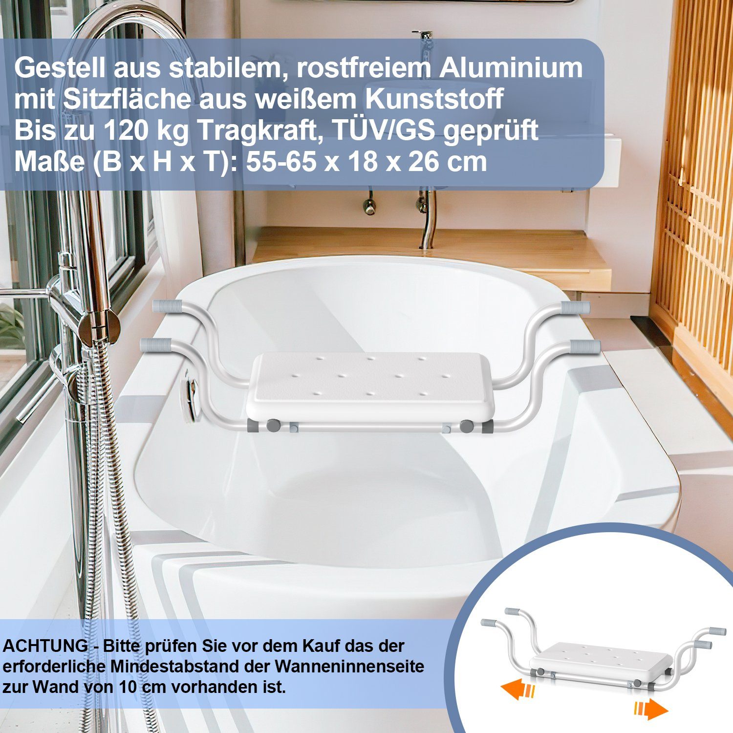 Yakimz Badewannensitz Badewannensitz 72-82cm Badesitz Weiß bis 136Kg Wannensitz Senioren