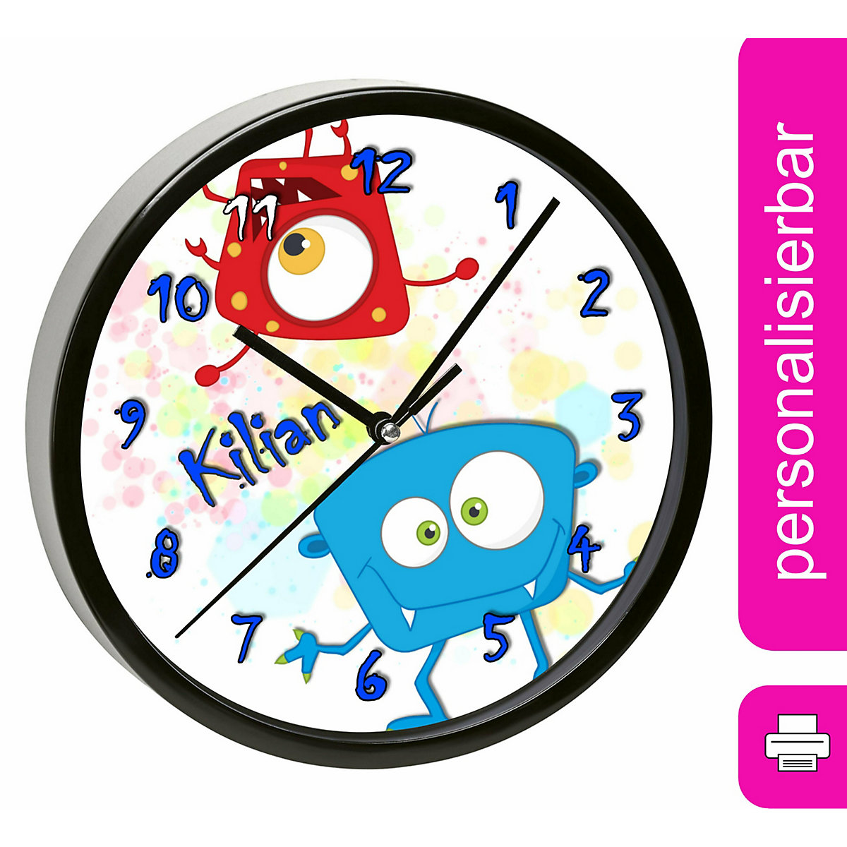 Kinder Wanduhr personalisiert mit Name Monster Farbkleks