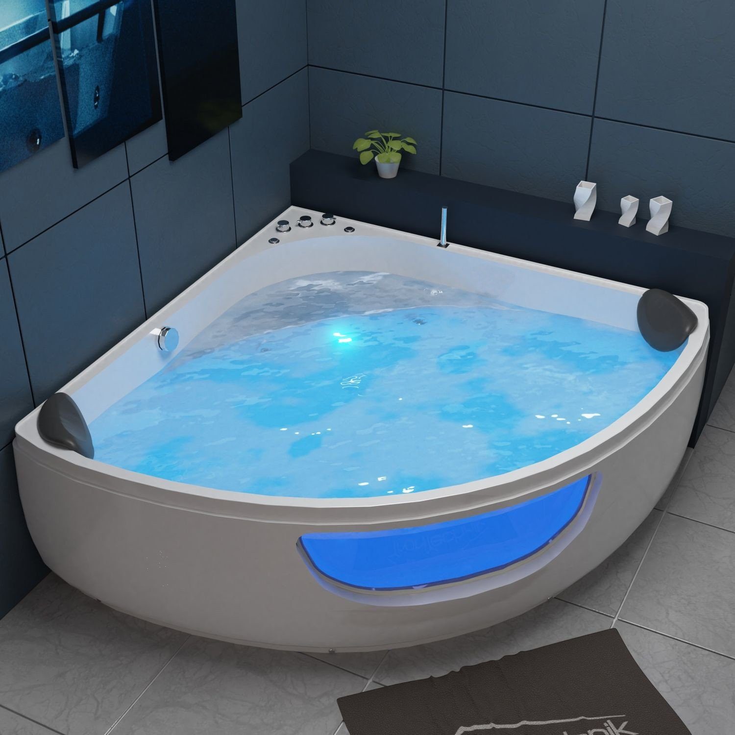 TroniTechnik Whirlpool-Badewanne PAROS 135 cm x 135 cm,Whirlpoolpumpe,Unterwasser LEDs, inkl. Zubehör, (inkl. Zubehör, vormontierte Badewanne mit Unterwasser LED), Premium Whirlpoolpumpe, Unterwasser LED, Massagedüsen
