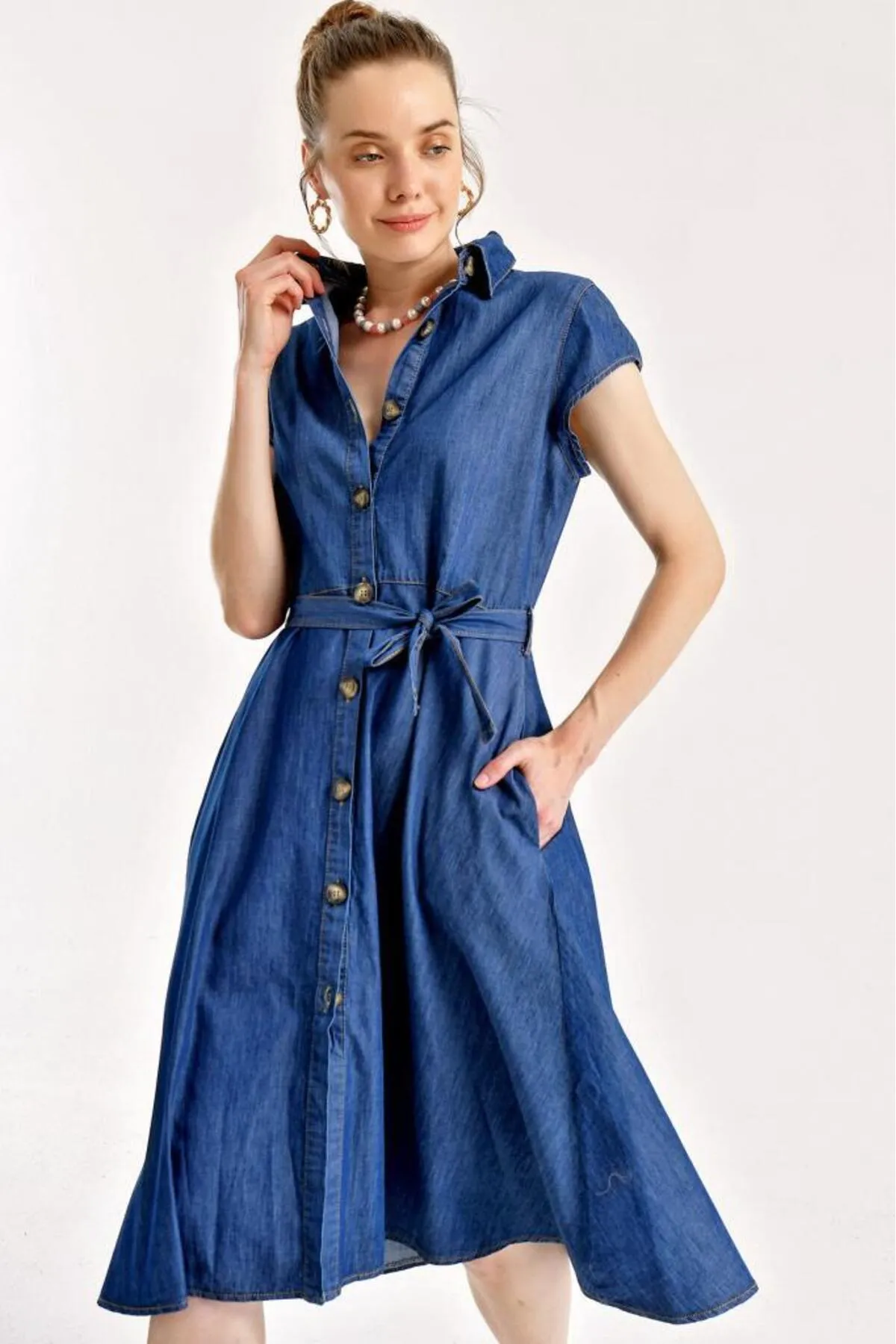 Bigdart  1677 Jeanskleid mit geknöpftem Taillengürtel – Marineblau