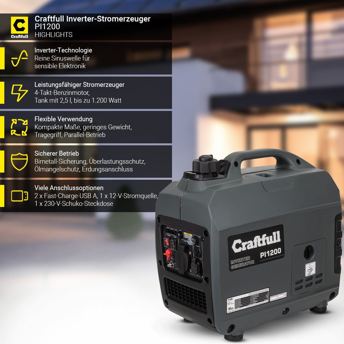 Craftfull Stromerzeuger Stromgenerator Benzin Power Inverter PI1200/ PI2000, 1,50 in kW, (Stromerzeuger 2x Fast-Charge USB-Anschluss - 12 V/8,3 A - Eco Modus - Ölmangelschutz - reine Sinuswelle für sensible Elektronik, 1-tlg., Spitzenleistung 1200 W