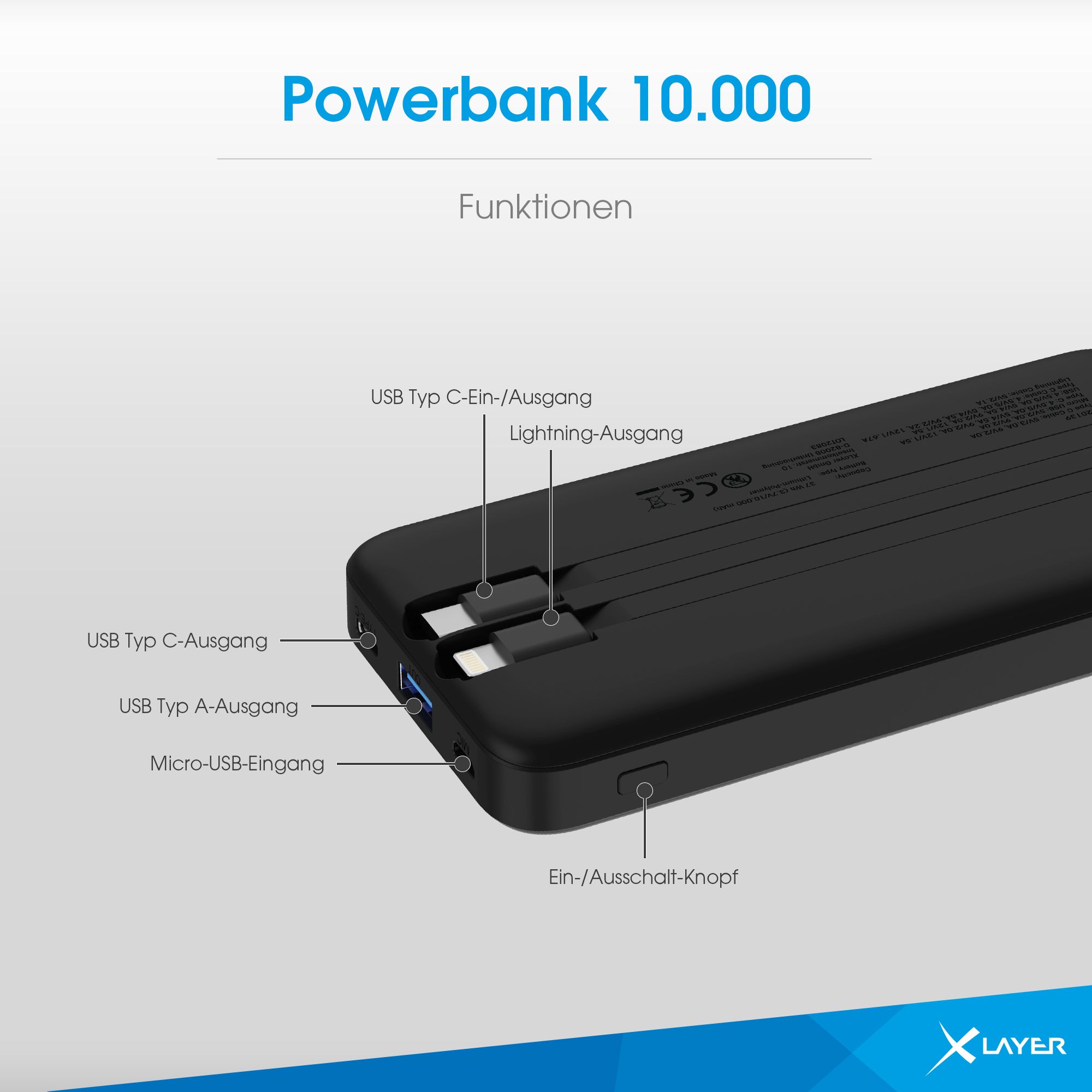XLayer 10.000 mAh Powerbank mit 2 Kabel