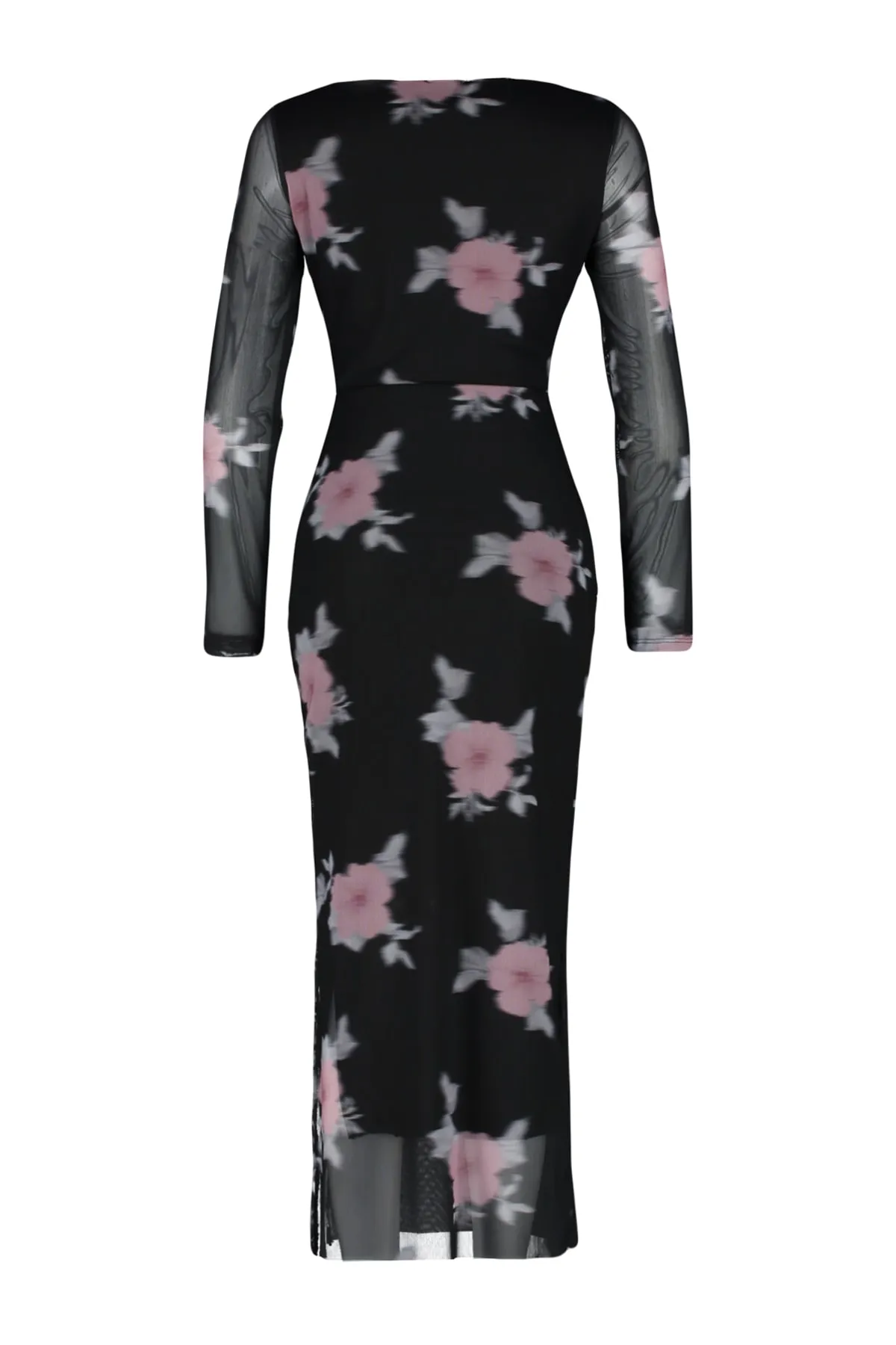 Trendyol Collection  Schwarzes, figurbetontes Maxi-Bleistiftkleid aus flexiblem Strick mit Blumenmuster und quadratischem Kragen aus TWOAW24EL00291