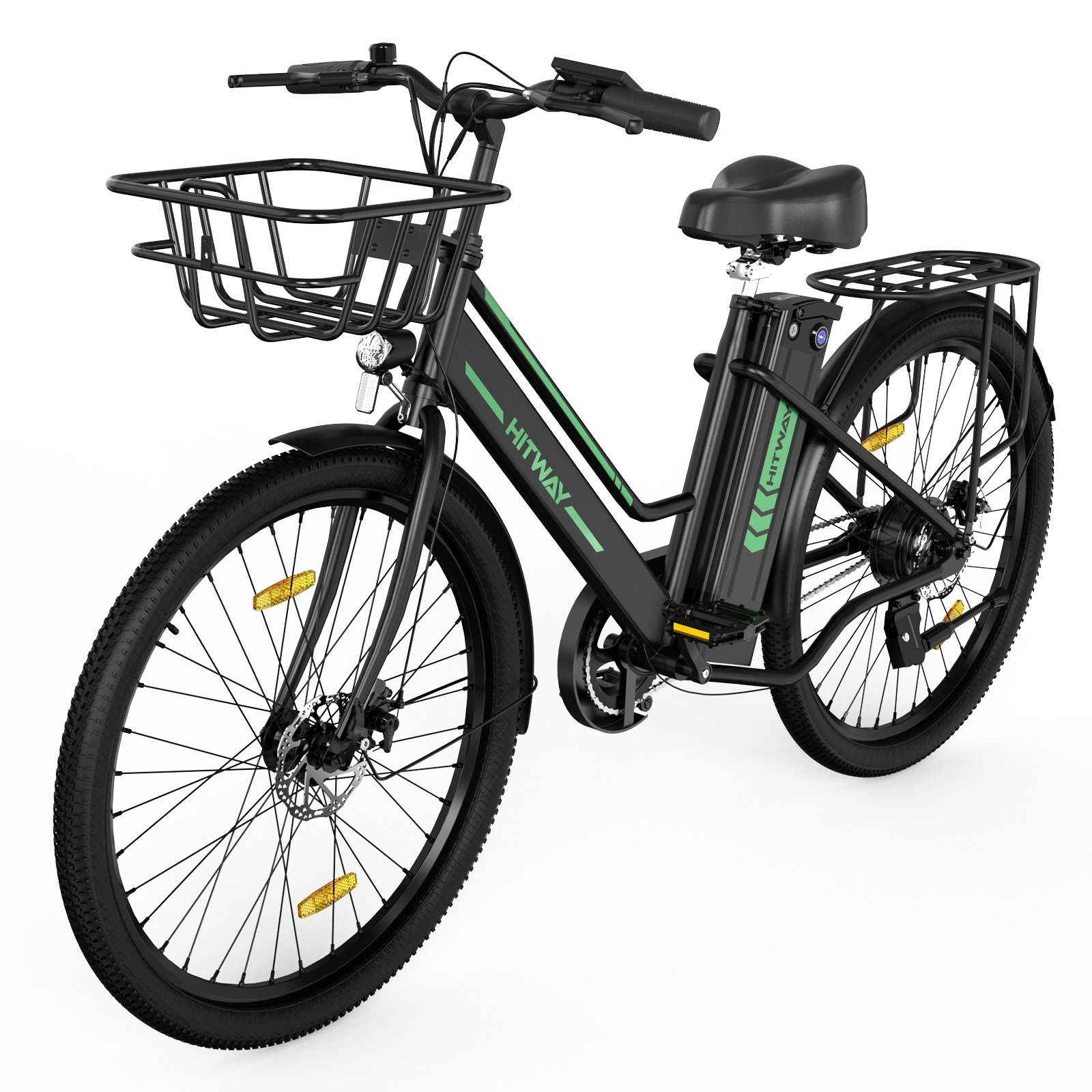 HITWAY E-Bike E-Fahrrad 36V 8.4AH 25km/h,Damen,35-70KM, Heckmotor, Fahrradkorb, Pumpe, Fahrradschloss