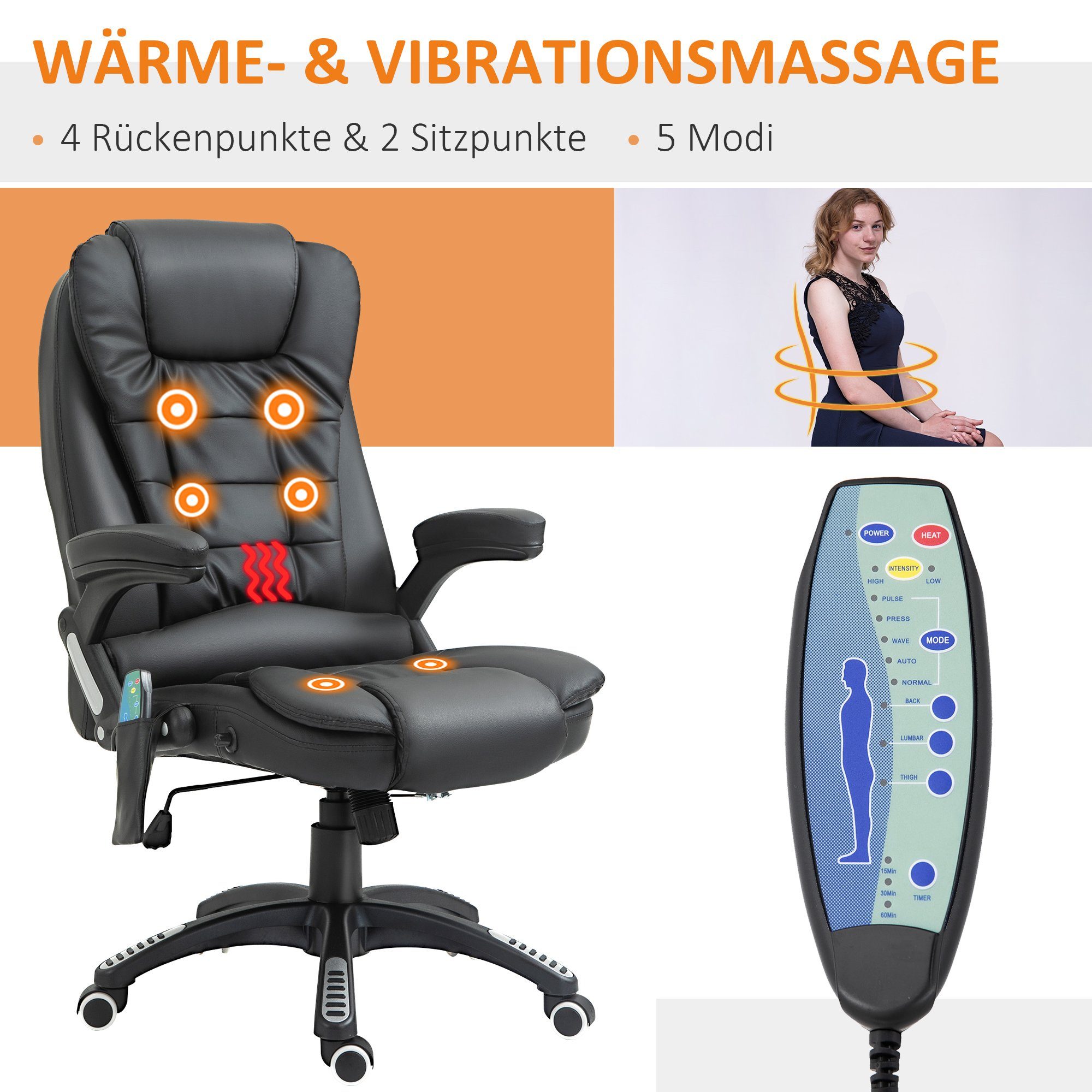HOMCOM Schreibtischstuhl Massagesessel (1 St), 9-Massagesessel Bürostuhl Drehstuhl mit Wärmefunktion Bürosessel