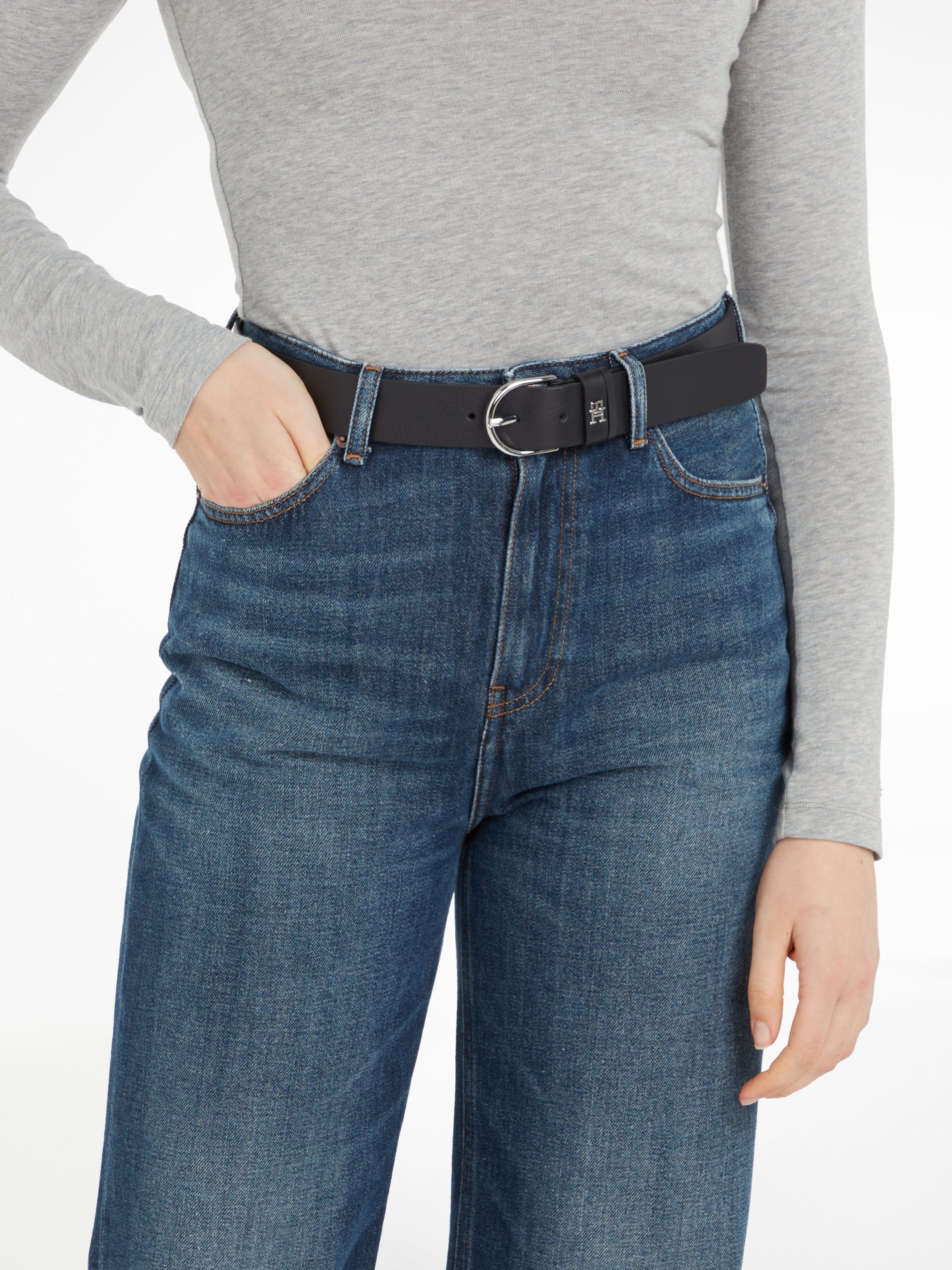 Tommy Hilfiger Ledergürtel mit TH-Monogramm-Emblem (goldene Logo-Schnalle)