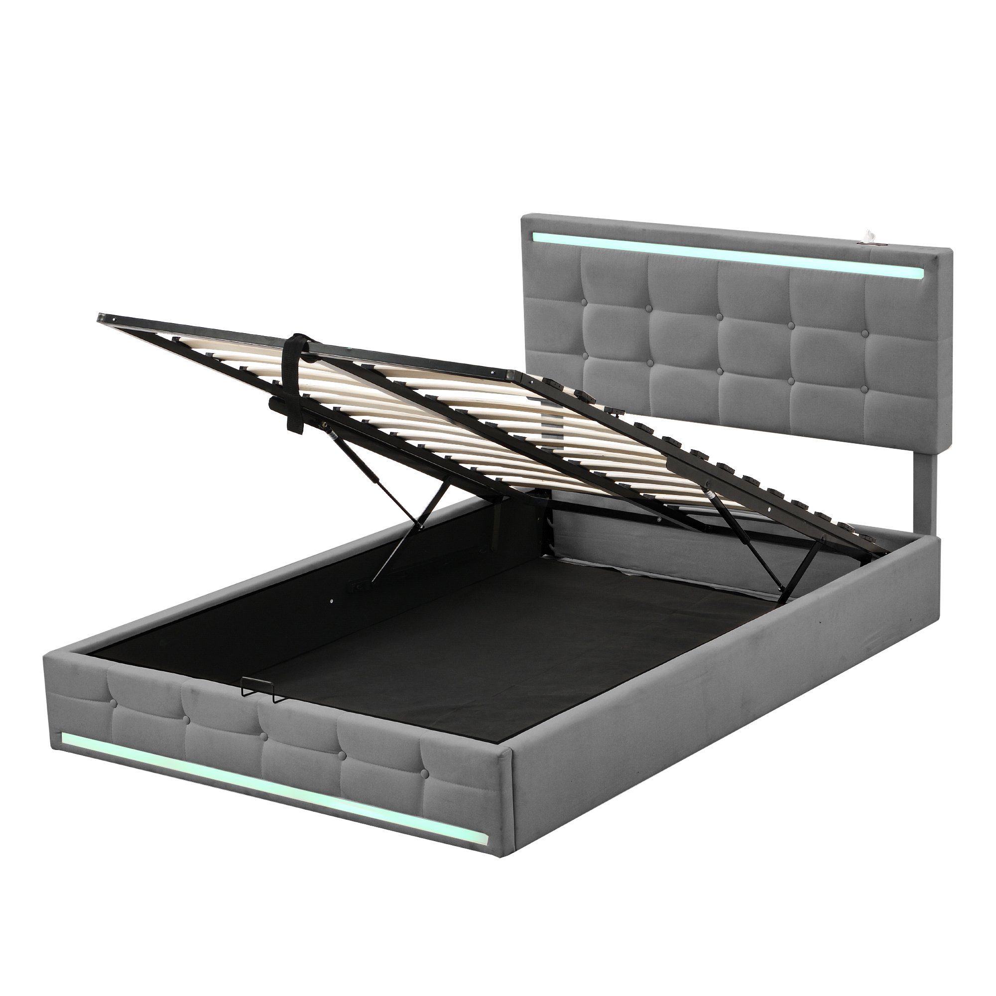 Flieks Polsterbett, LED Doppelbett Stauraumbett 2 USB-Anschluss 140x200cm Leinen