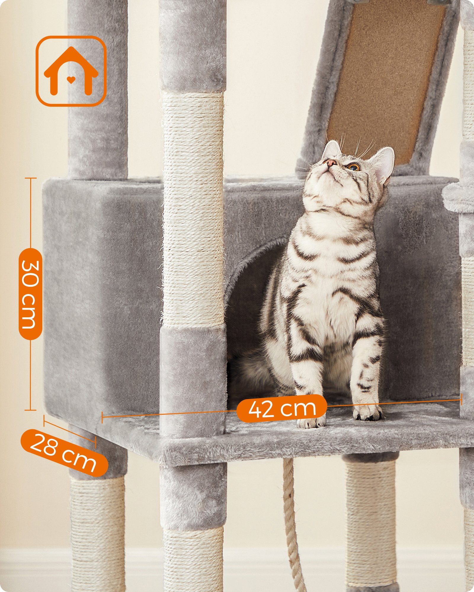 FEANDREA Kratzbaum, Katzenbaum,XXL,206cm hoch,verstärkter Sockel,Kippschutz