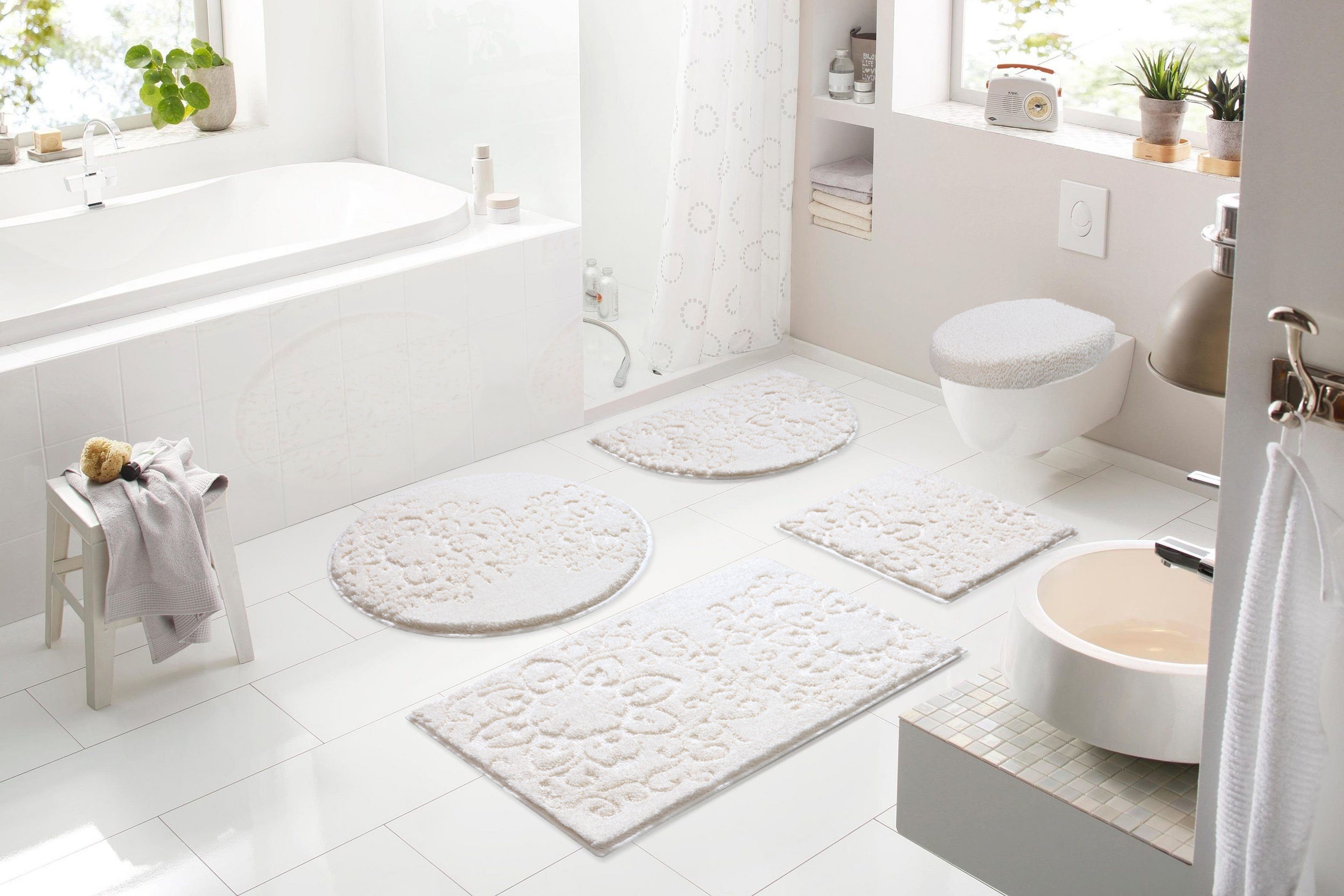 Badematte Sophia Grund, Höhe 22 mm, rutschhemmend beschichtet, Polyester, rechteckig, Hoch-Tief-Struktur, Made in Europe