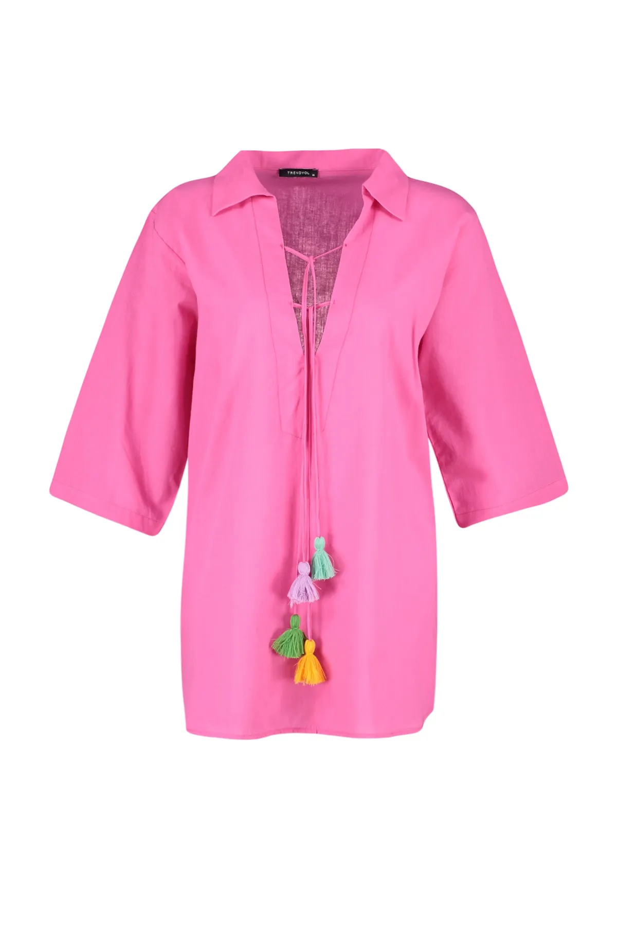 Trendyol Collection  Fuchsia Mini-Strandkleid aus 100 % Baumwolle mit gewebten Quasten TBESS23EL00039
