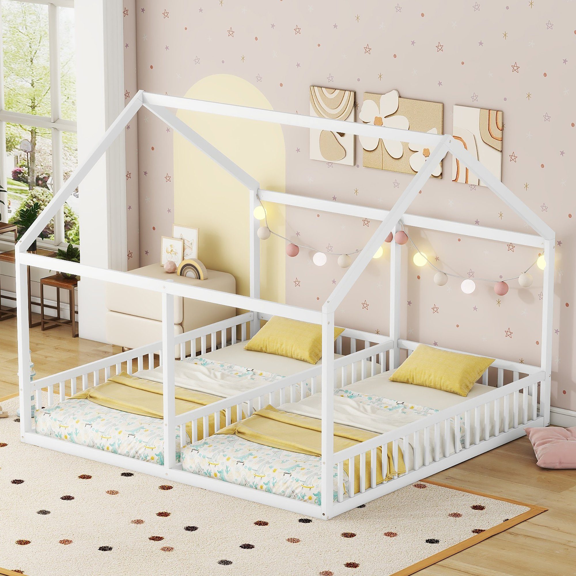 WISHDOR Kinderbett Funktionsbett Holzbett Einzelbetten, 2-in-1-Betten (flache Betten, Hausmodelle, 2-in-1-Betten), ohne Matratze