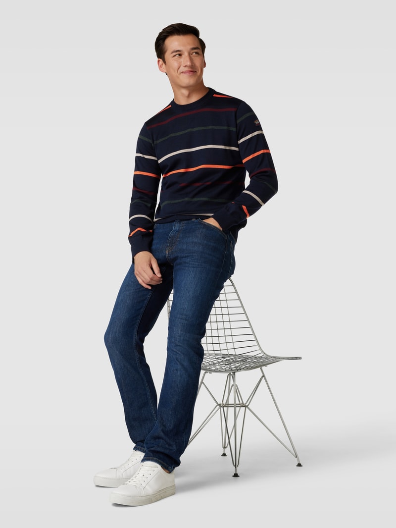 Strickpullover aus Schurwolle mit Streifenmuster in marineblau