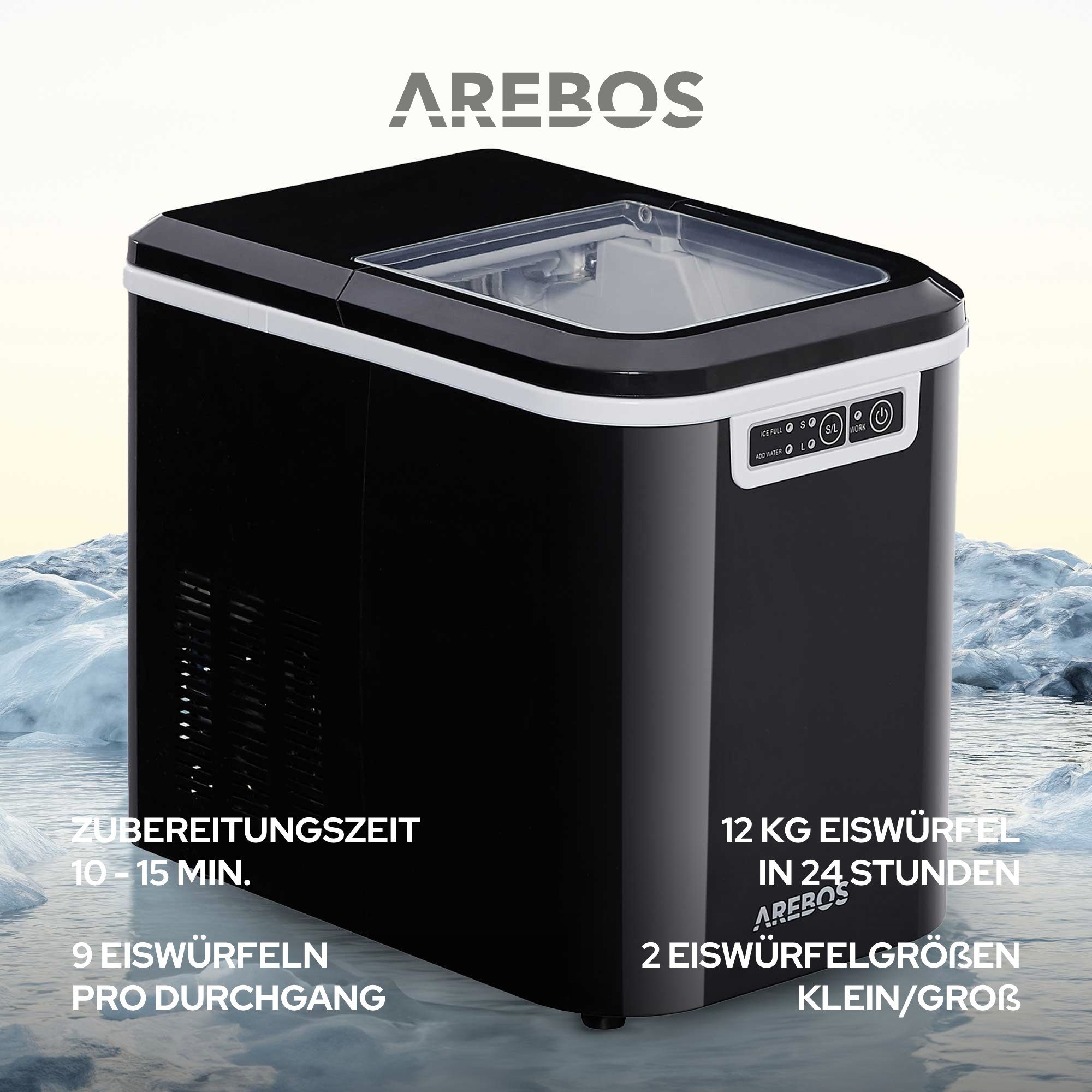 Arebos Eiswürfelmaschine Ice Cube Maker, 12 kg / 24 h, 10-15 Minuten Produktionszeit