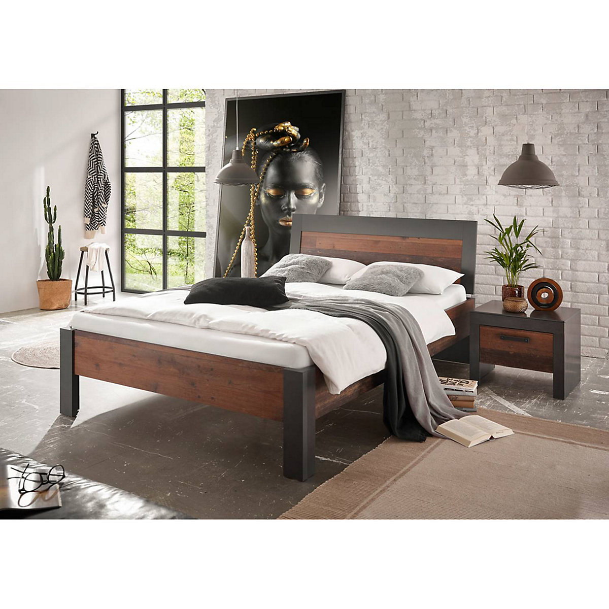 Schlafzimmer Set Industrial Look BERLIN-S-61 Liegefläche 140x200 cm, in Old Mix Dekor mit Matera anthrazit/grau, BxHxT ca. 211x45x205 cm