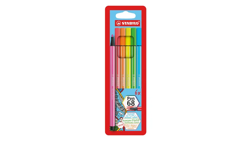 STABILO® Premium Fasermaler Pen 68 Neon 6er-Etui sortiert