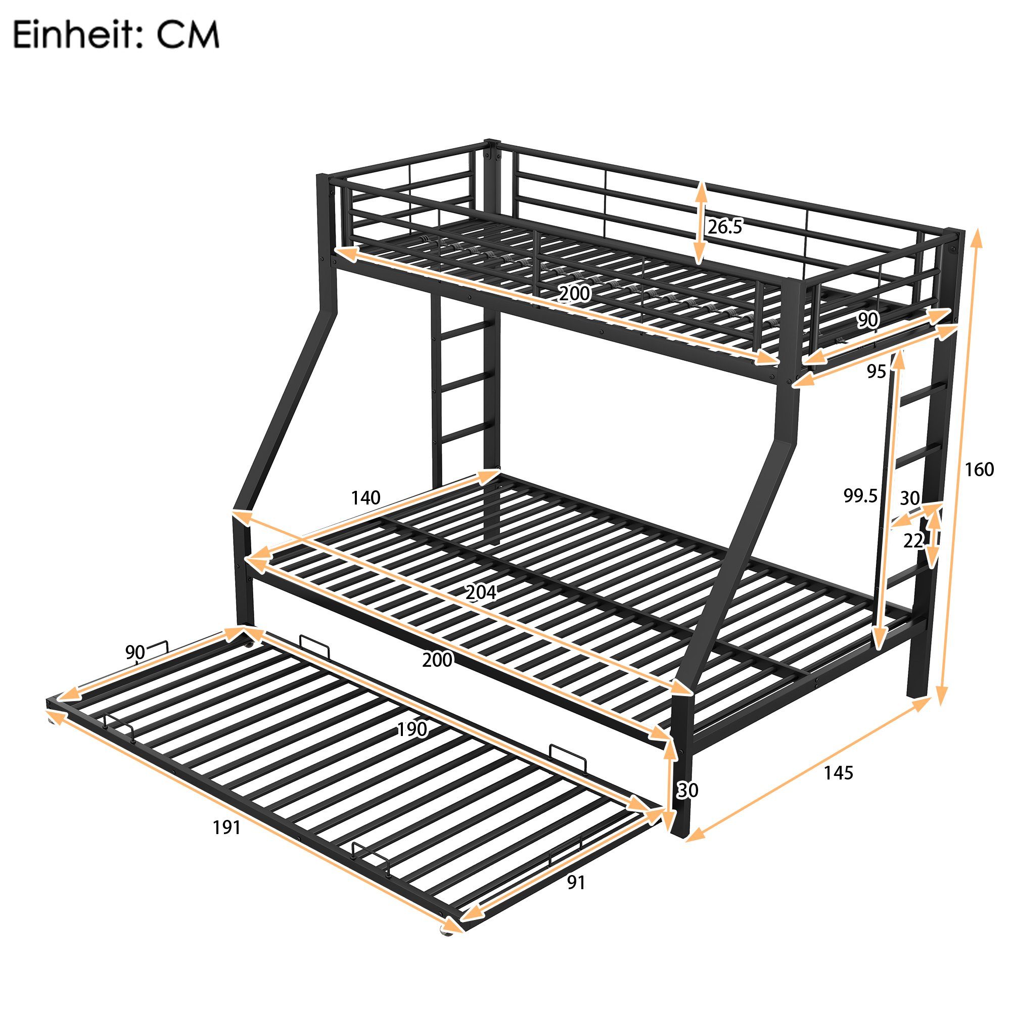 WISHDOR Kinderbett Einzelbett, Bett, Etagenbett, Metallbett mit ausziehbarem Bett (mit Leiter auf beiden Seiten für Kinder Jugendliche, Erwachsene, einfach zu montieren, 90(140)x200cm), Ohne Matratze