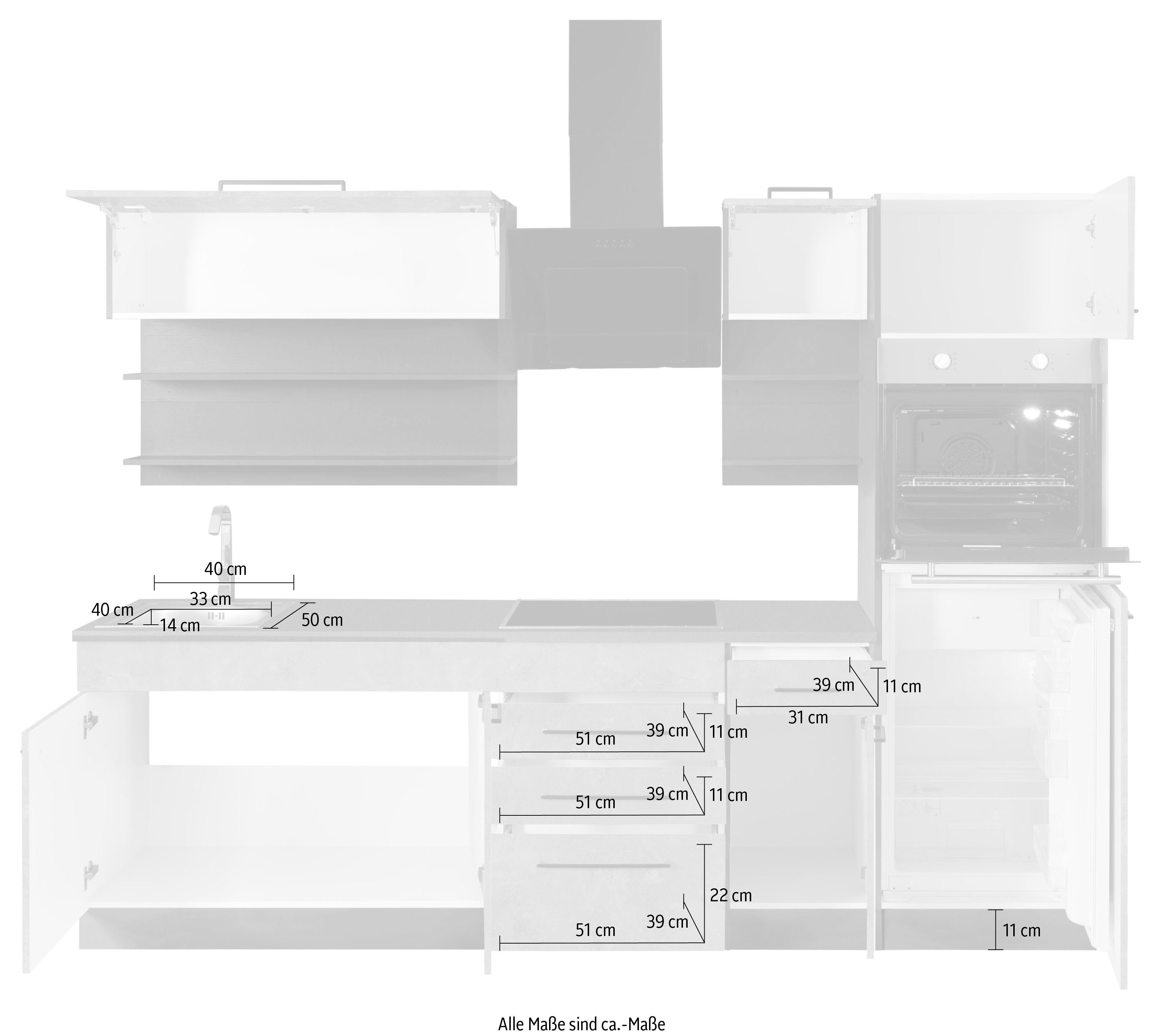 HELD MÖBEL Küchenzeile Tulsa, mit E-Geräten, Breite 270 cm, schwarze Metallgriffe, MDF Fronten