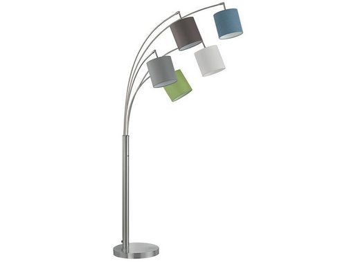 meineWunschleuchte LED Bogenlampe, mitgelieferte Leuchtmittel stufenweise über Lampenschalter dimmbar, LED wechselbar, Warmweiß, Designer Stehlampe ge-bogen mit 5x Stoff Lampenschirm dimmbar H: 180cm