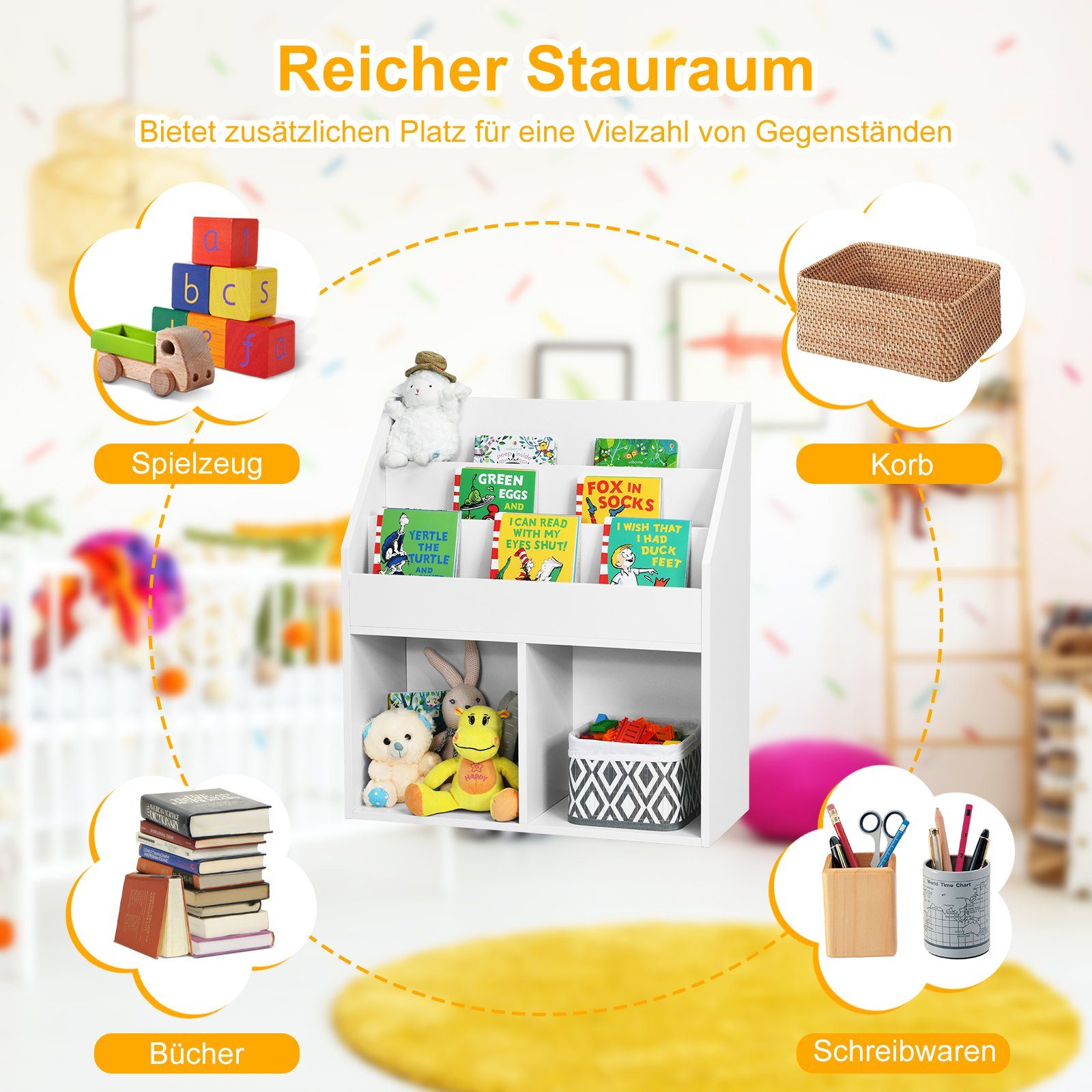 COSTWAY Bücherregal, Kinder, mit Fächern & 2 Ablagen, Holz, 70 x 30 x 80 cm