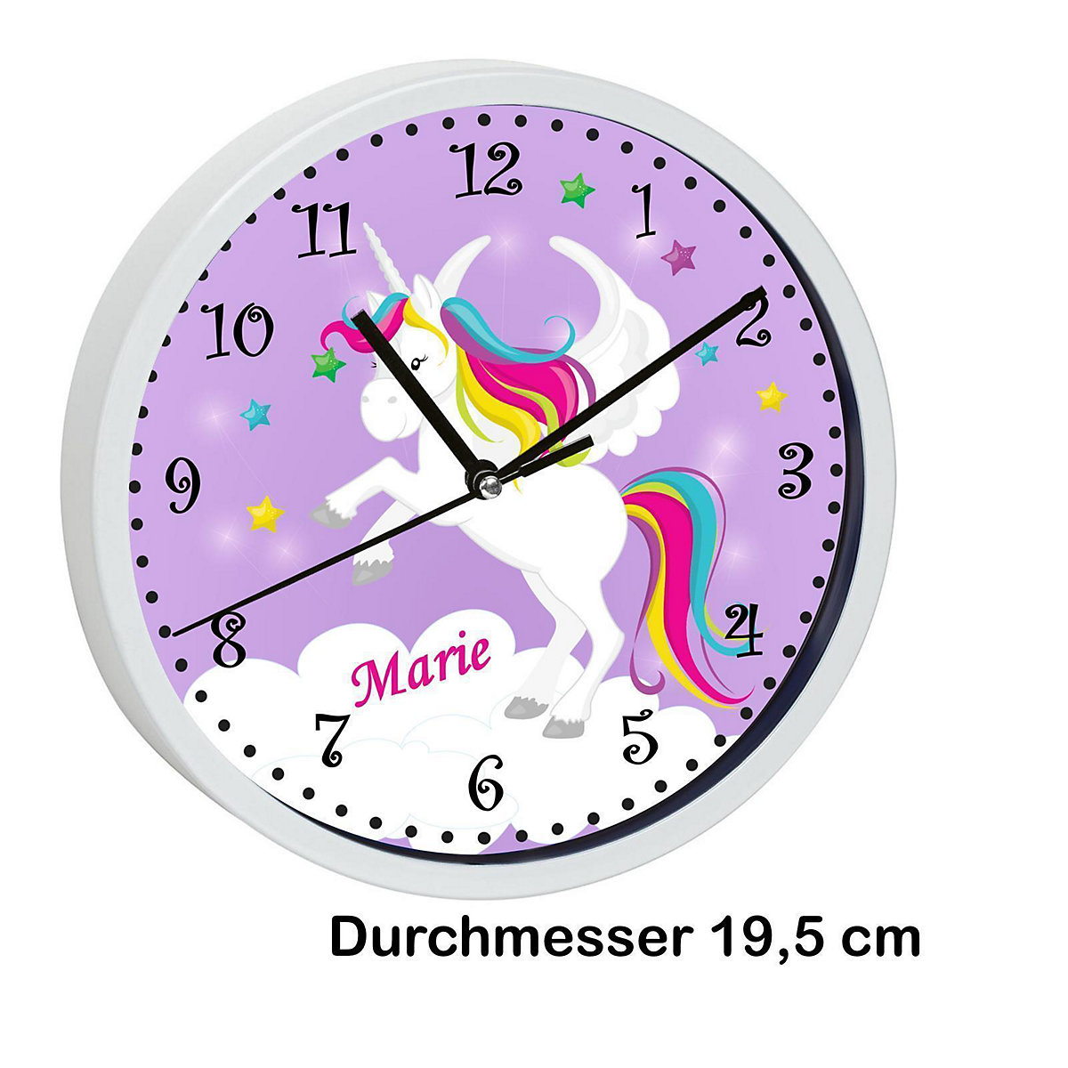 Kinder Wanduhr personalisiert mit Name Pegasus Lila