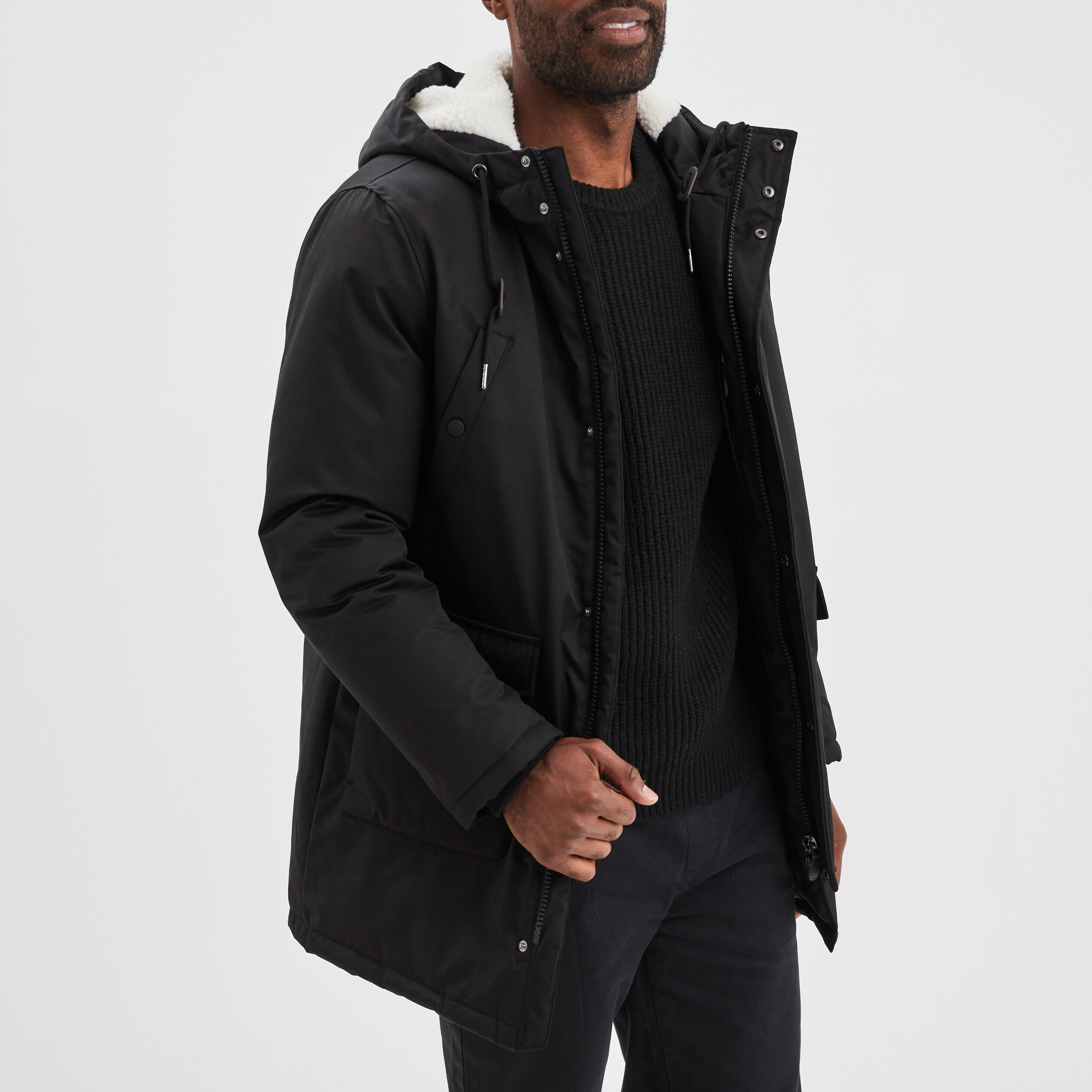 Parka mi-longue à capuche doublée noir homme | La Halle