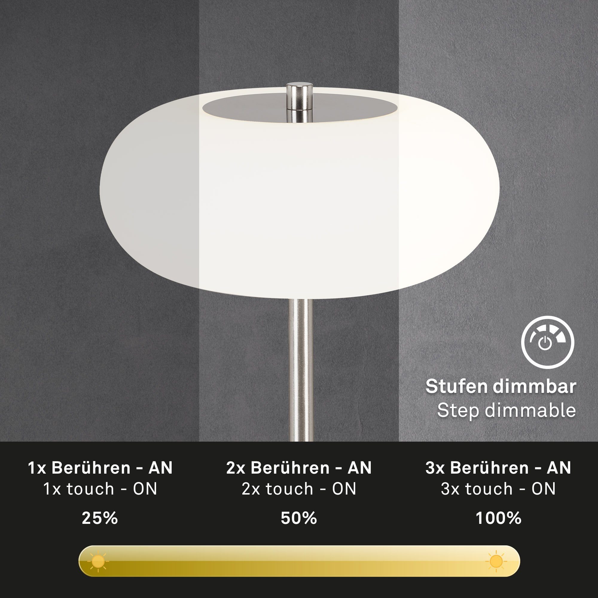 Briloner Leuchten LED Tischleuchte 7030-012, LED fest verbaut, Warmweiß, matt-nickel, LED, Nachttischlampe aus Metall und Glas