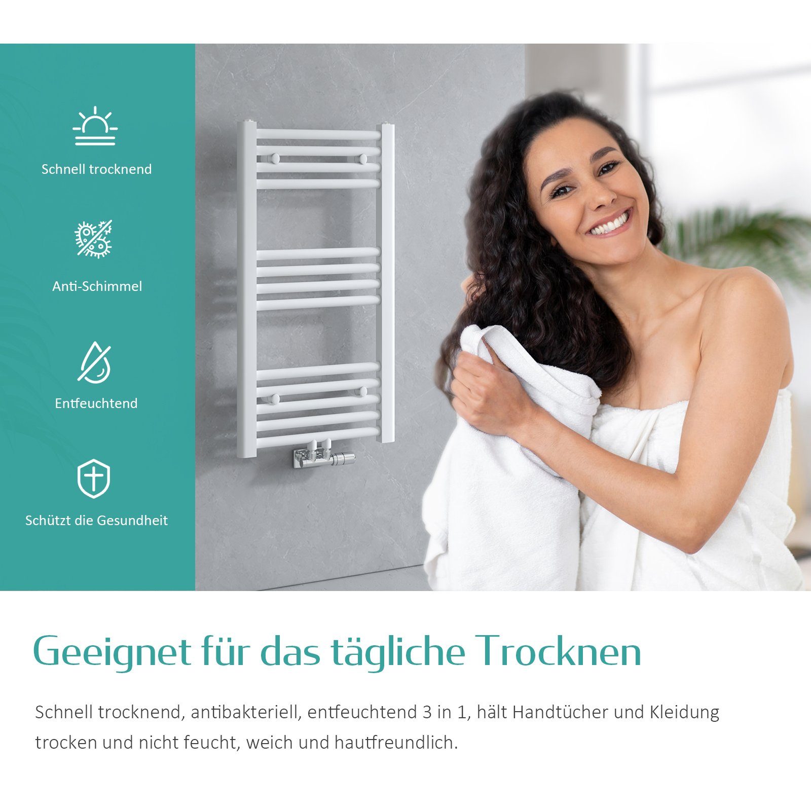 EMKE Badheizkörper Handtuchtrockner Handtuchwärmer Mittelanschluss, Weiß Bad-Heizkörper Bad Handtuchhalter