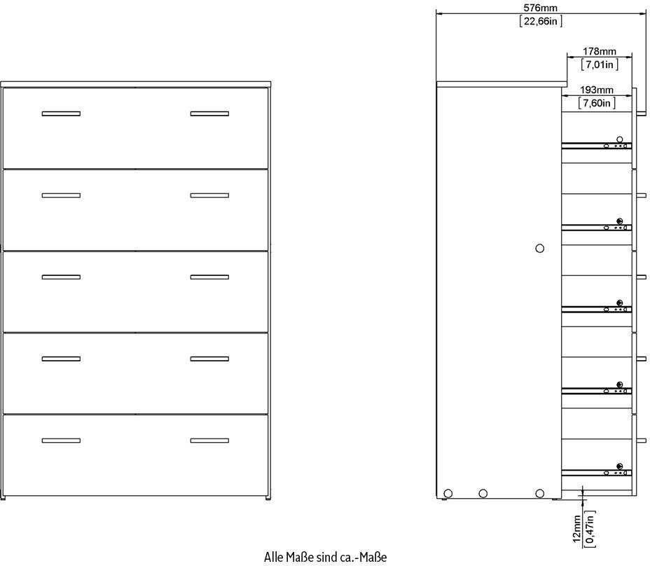 Home affaire Hochkommode, graue Stangengriffe, einfache Selbstmontage, 74,1 x 114,7 x 35,95 cm