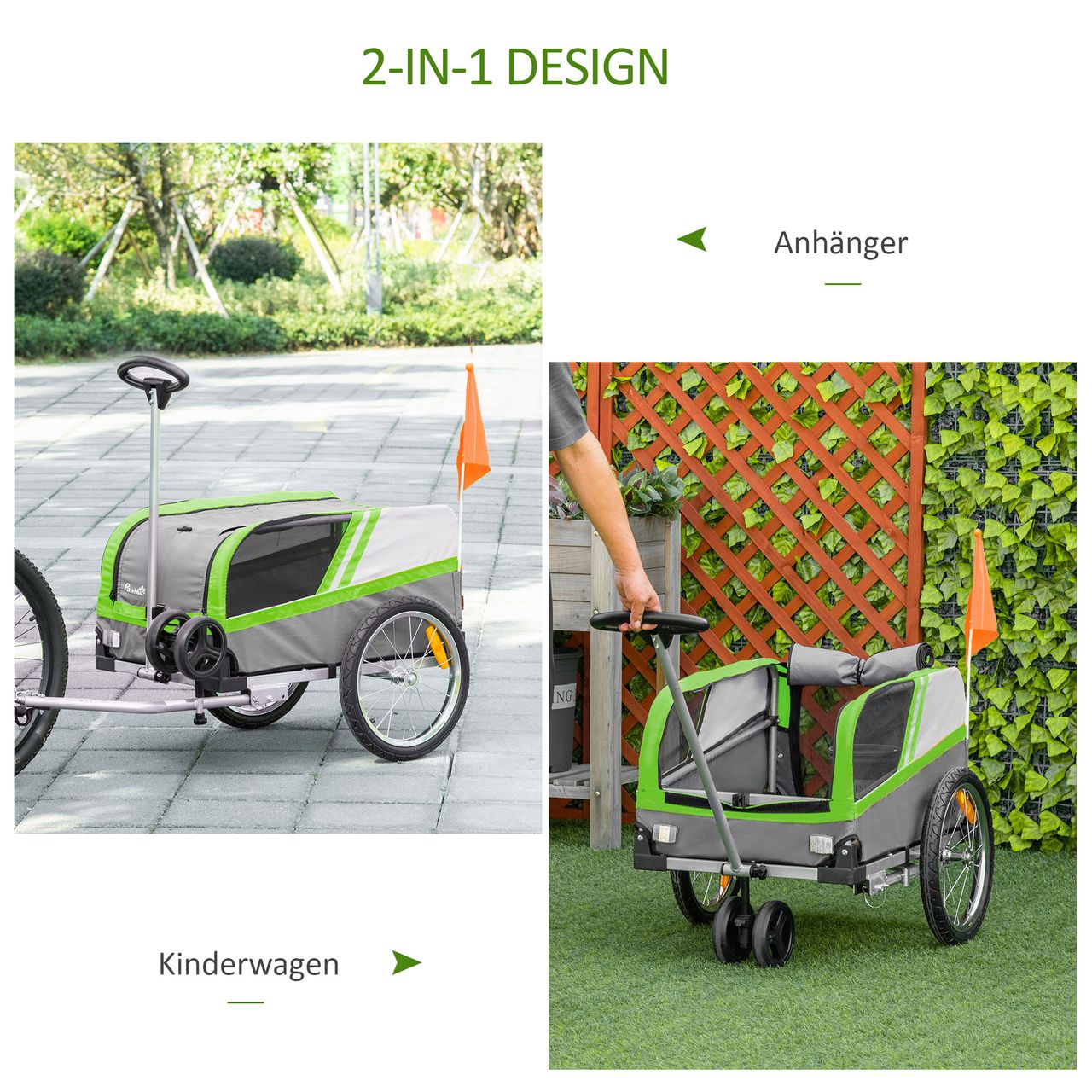 PawHut 2-in-1 Hundeanhänger Trolley für Haustier Lastenanhänger Grün Grau