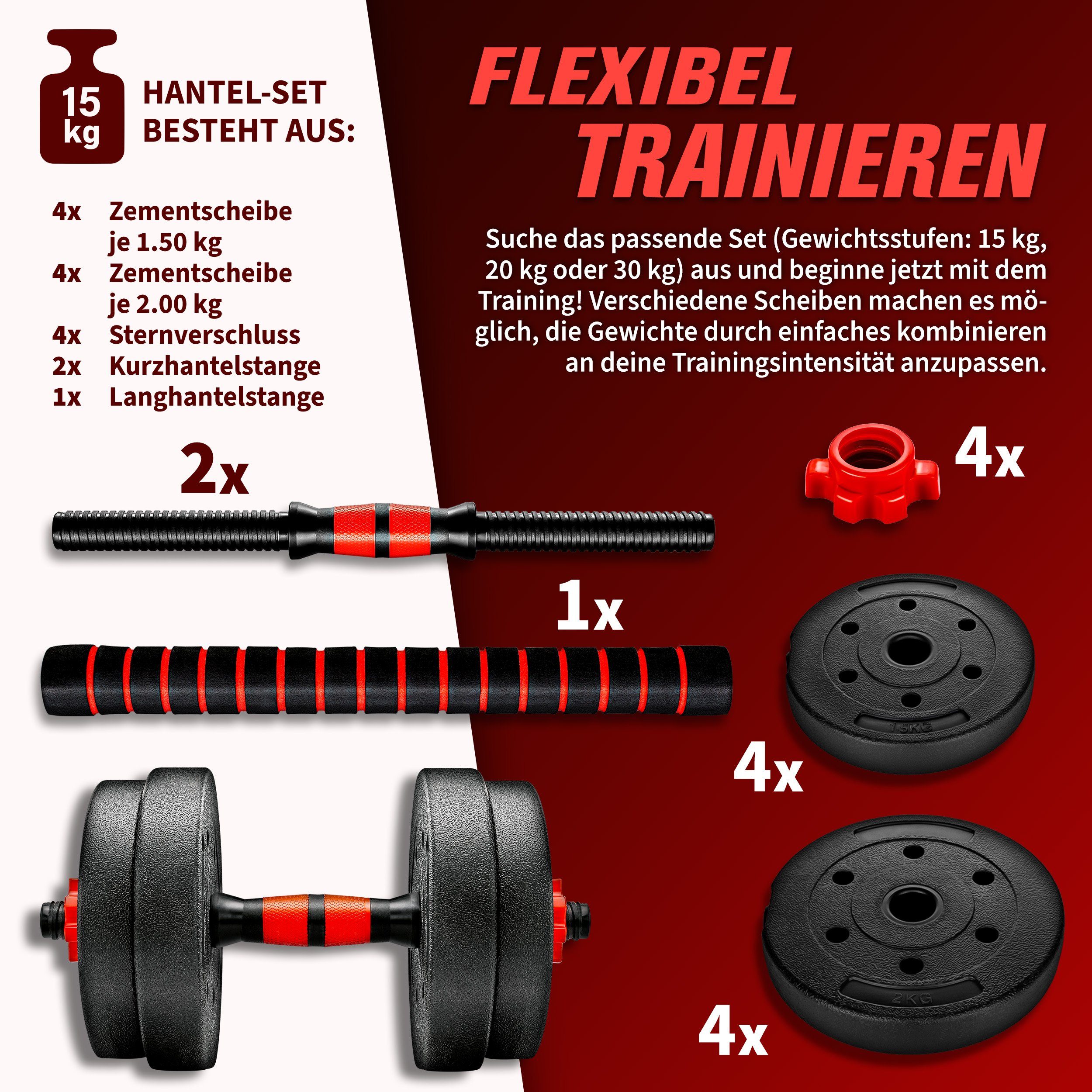 RE:SPORT Hantel-Set Hantelset verstellbar, Kurzhantel & Langhantel, Sternverschlüsse & Verbindungsrohr