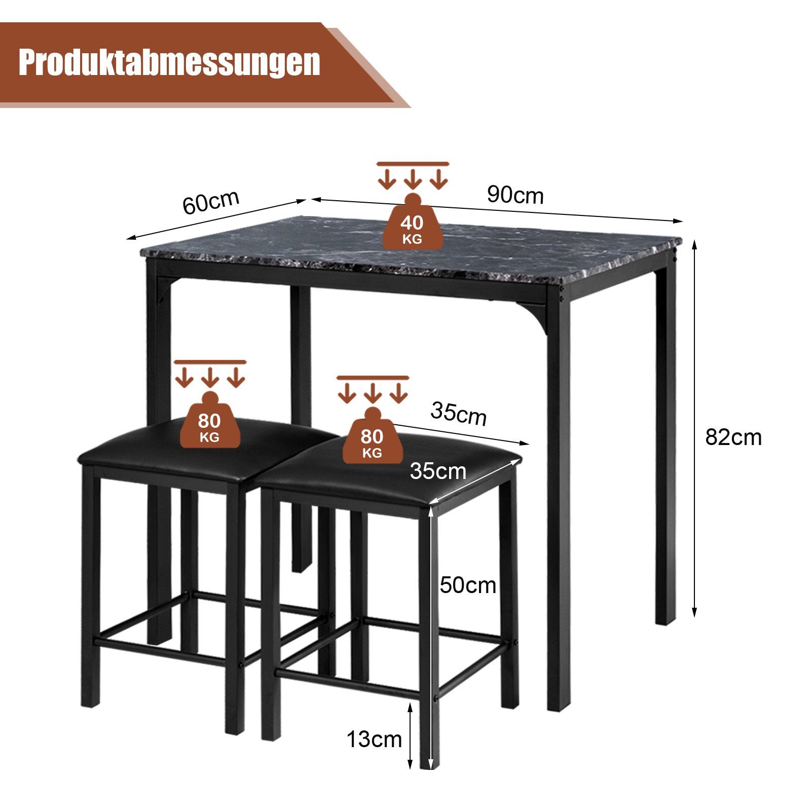 COSTWAY Essgruppe, 3 teilig, Esstisch mit 2 Stühlen, gepolstert, Metall