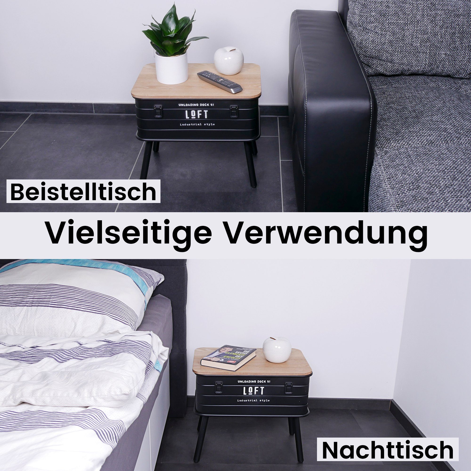 FIFITARA Beistelltisch schwarz, Retro Nachttisch, Vintage Ablagetisch, Konsolentisch, Metall mit Holzplatte und Stauraum, industrial Design