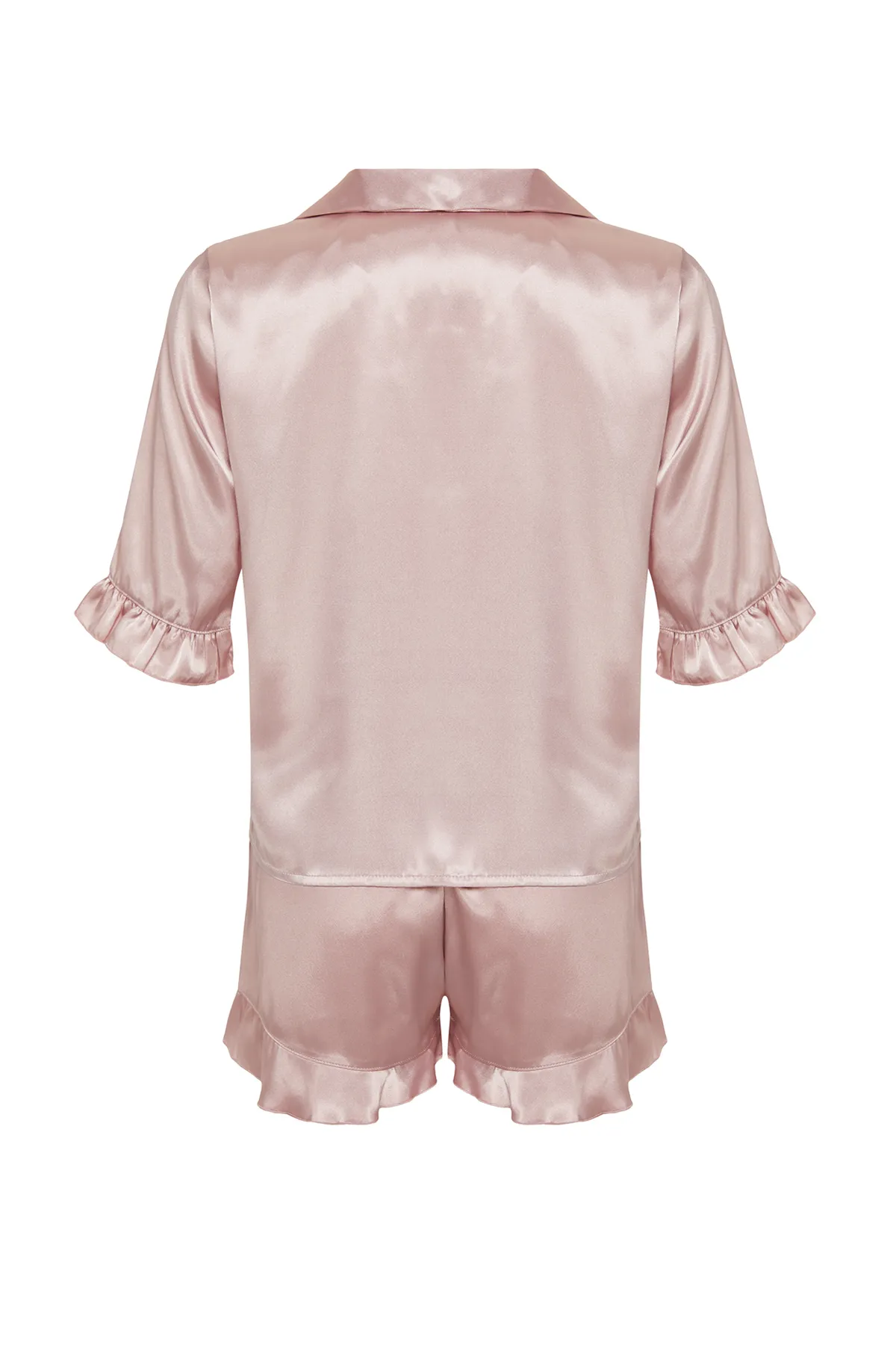 Trendyol Collection  Rosa Pyjama-Set aus gewebtem Satin mit Rüschen und Details THMSS24PT00090