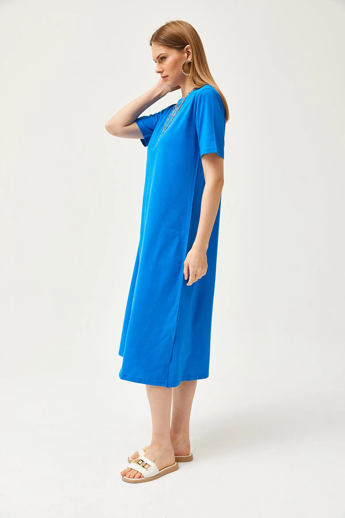 Olalook  Damen-Saks-Blaues Oversize-Baumwollkleid mit Seitenschlitzen ELB-19001880
