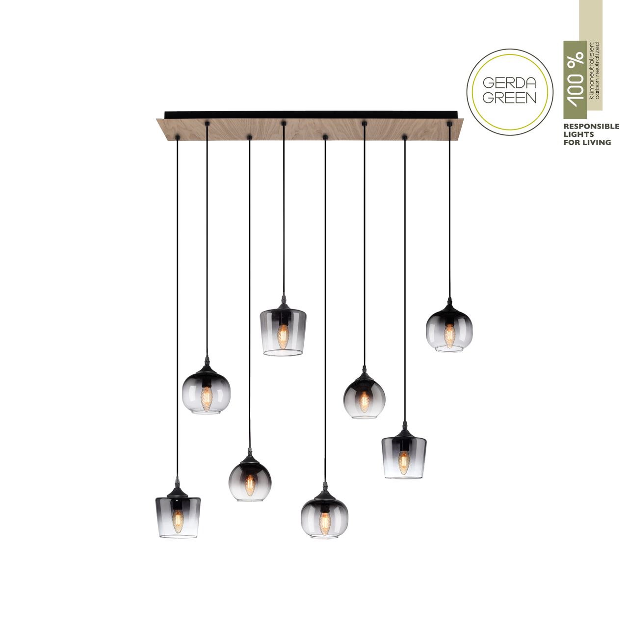 JUST LIGHT Pendelleuchte GREEN ZEA, 8x E14/25 Watt max., rauchfarbene Gläser, Holz-natur