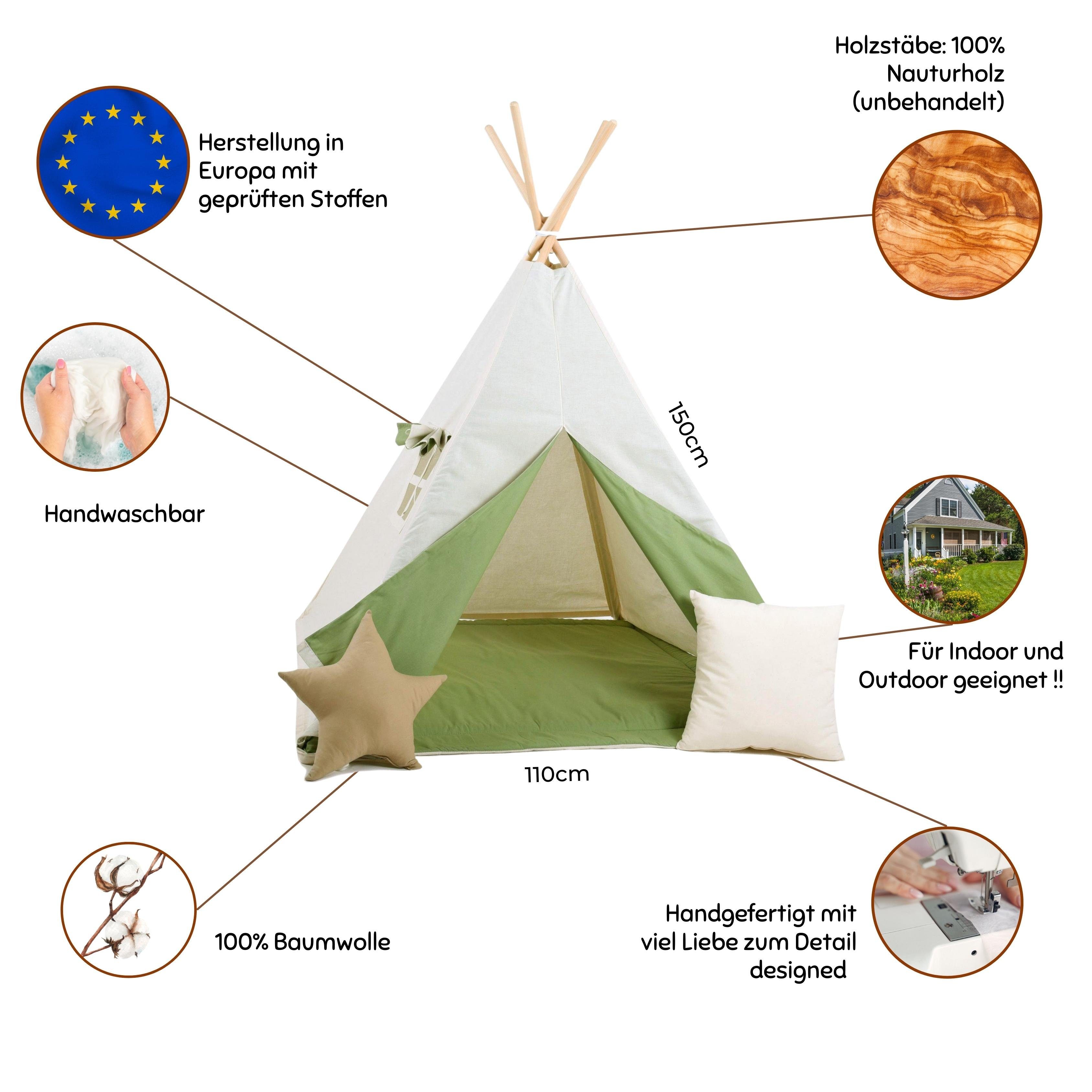 Rainbow Kids Tipi-Zelt Grüner Wolf, Personen: 2 (mit kleinem Zubehör, 4 tlg., mit 2 Kissen und Matte)