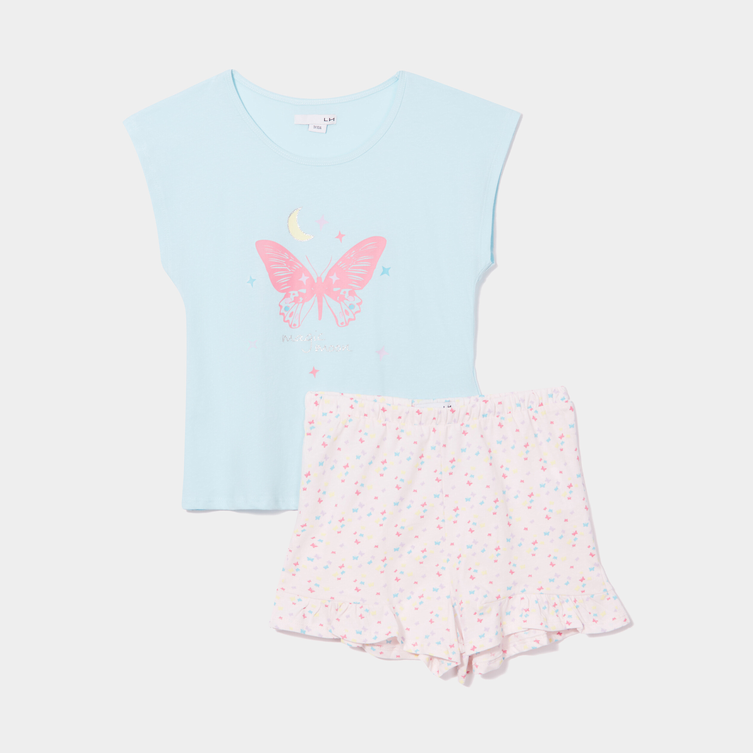 Ensemble pyjama short 2 pièces coton bleu turquoise fille | La Halle