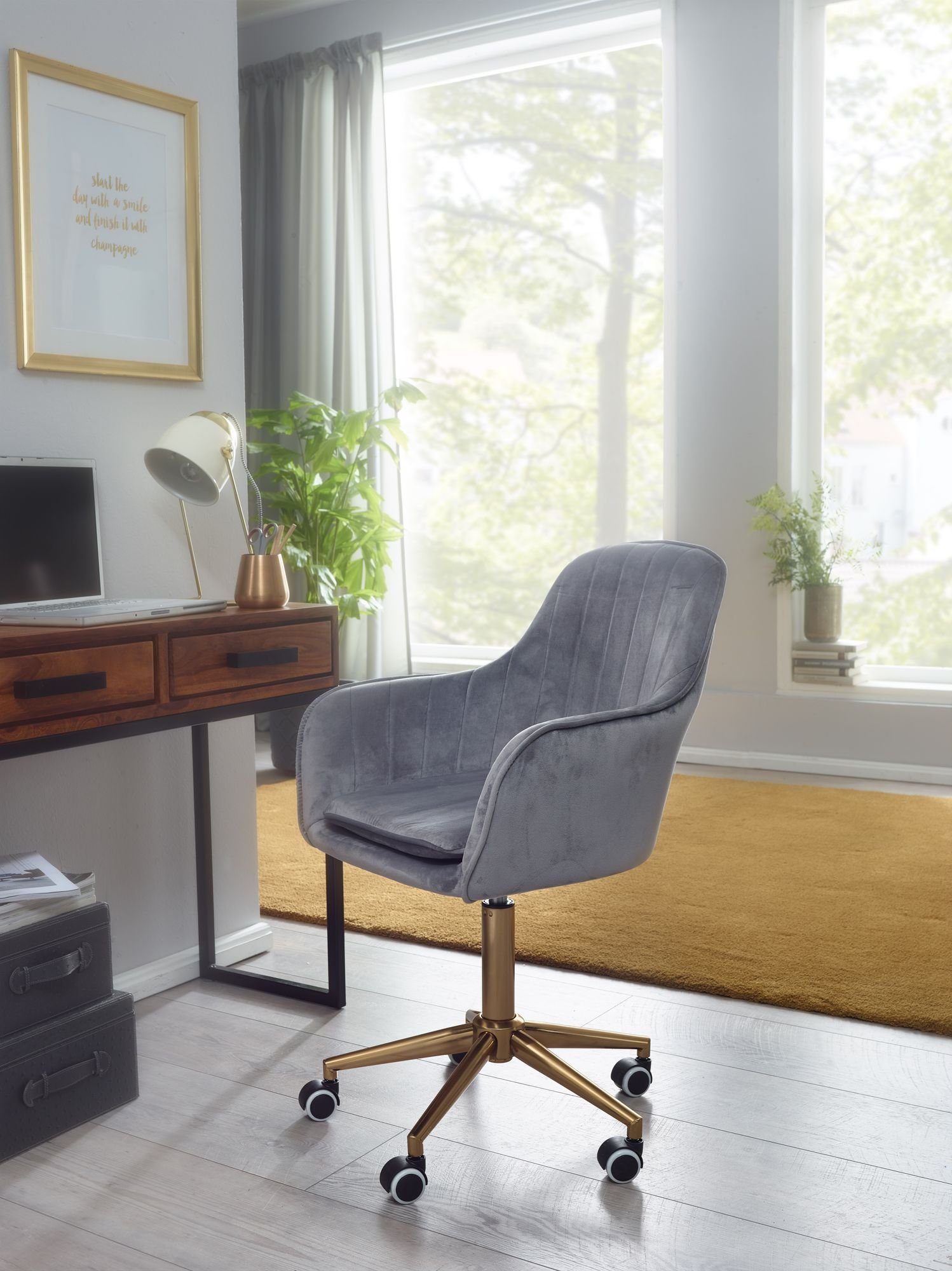 FINEBUY Schalenstuhl SuVa24214_1 (Samt Grau, Design Schalenstuhl Drehbar mit Lehne), Schreibtischstuhl 120 kg Höhenverstellbar, Drehbar