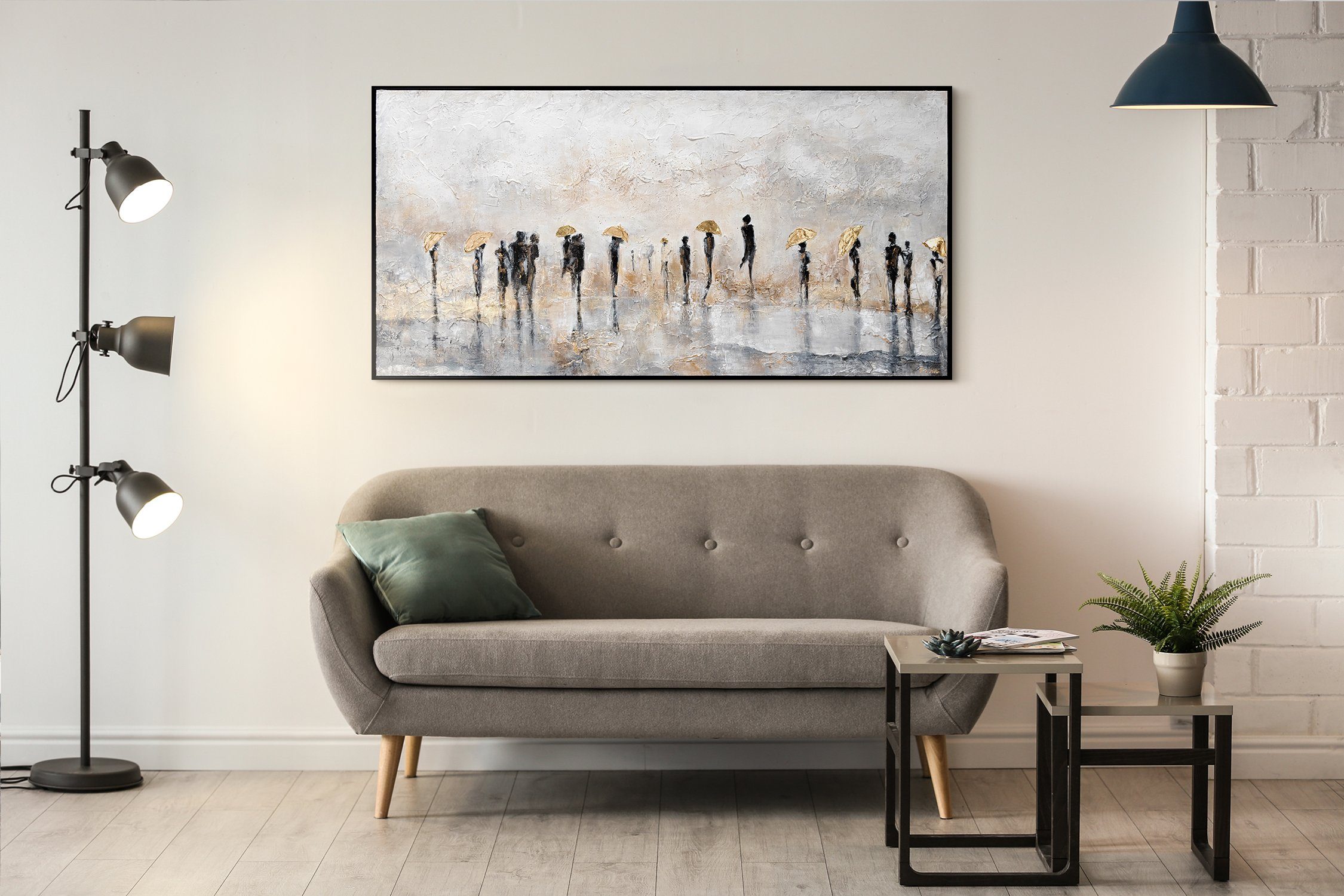 YS-Art Gemälde Sommerregen, Leinwand Bild Handgemalt Menschen Regenschirm Gold mit Rahmen